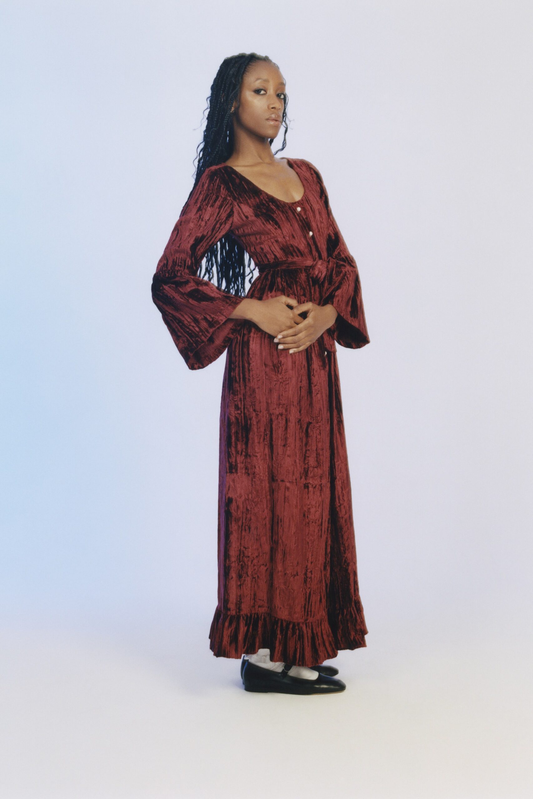 red velvet long-sleeve dress