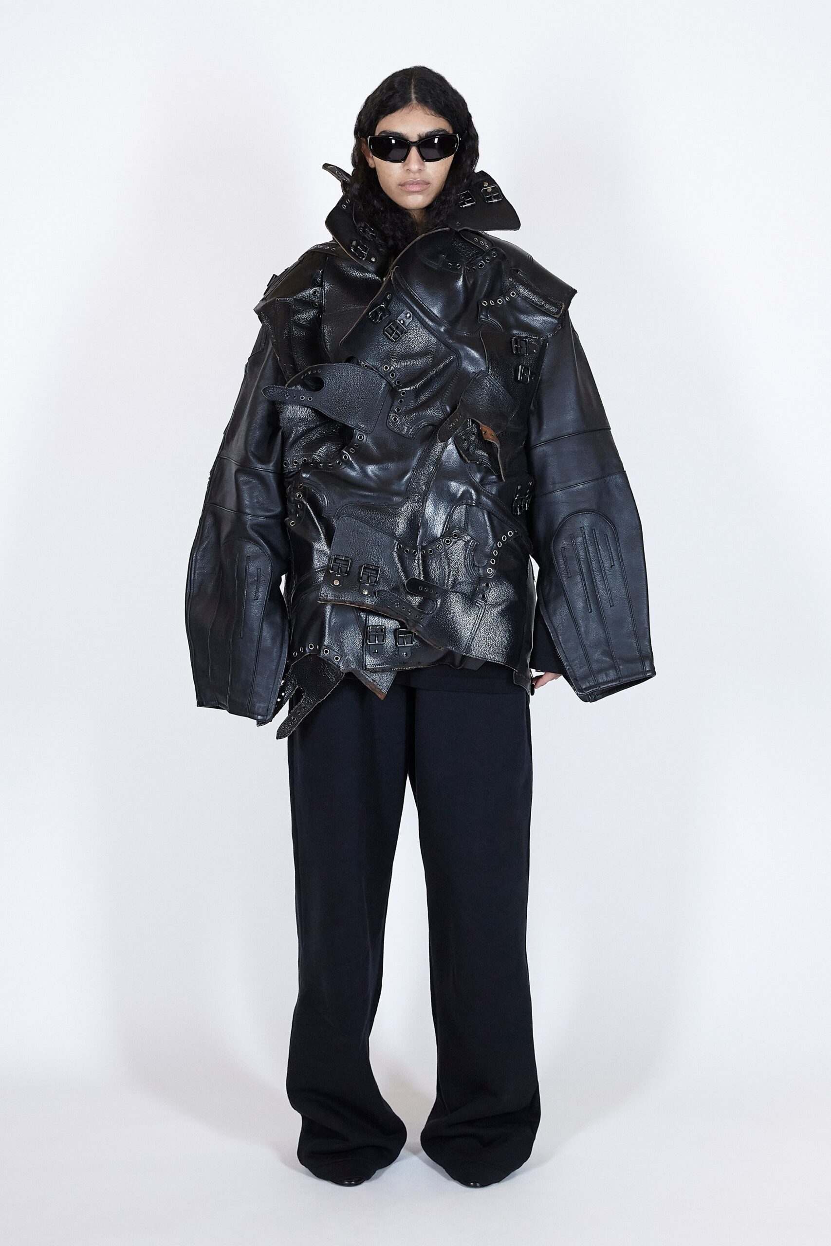 black leather long-sleeve oversized draped jacket