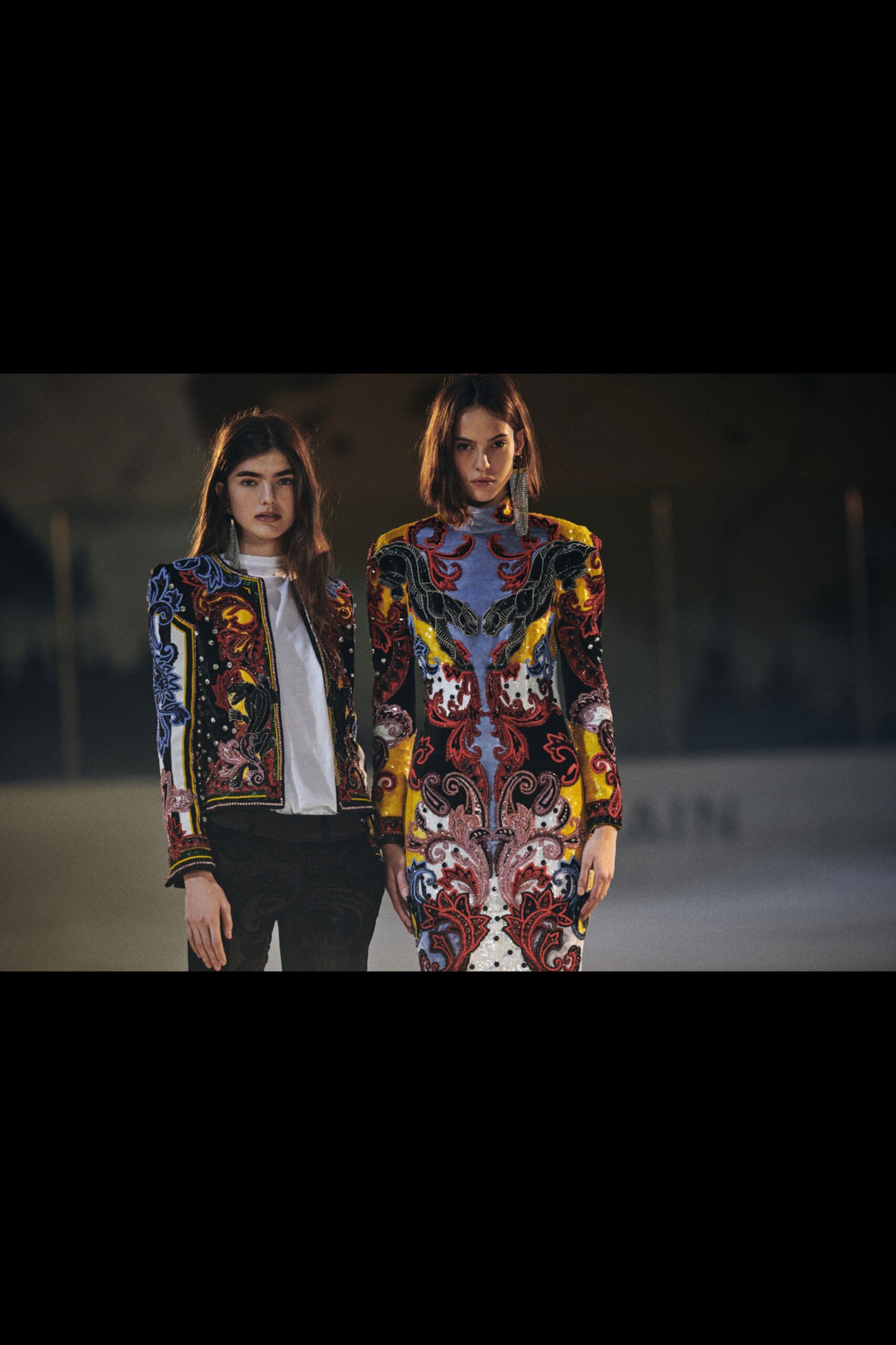 multi-colored embroidered dress and jacket