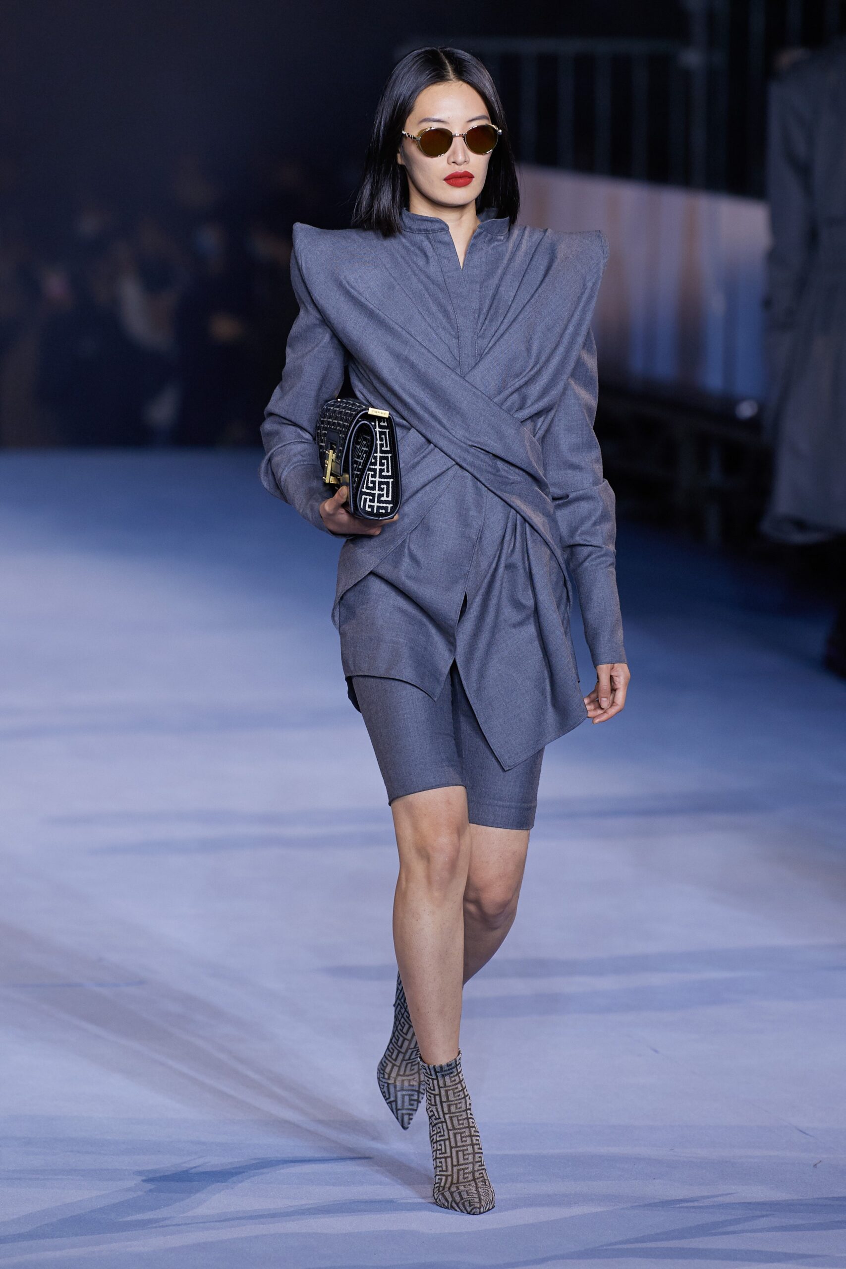 gray fitted jacket with shorts