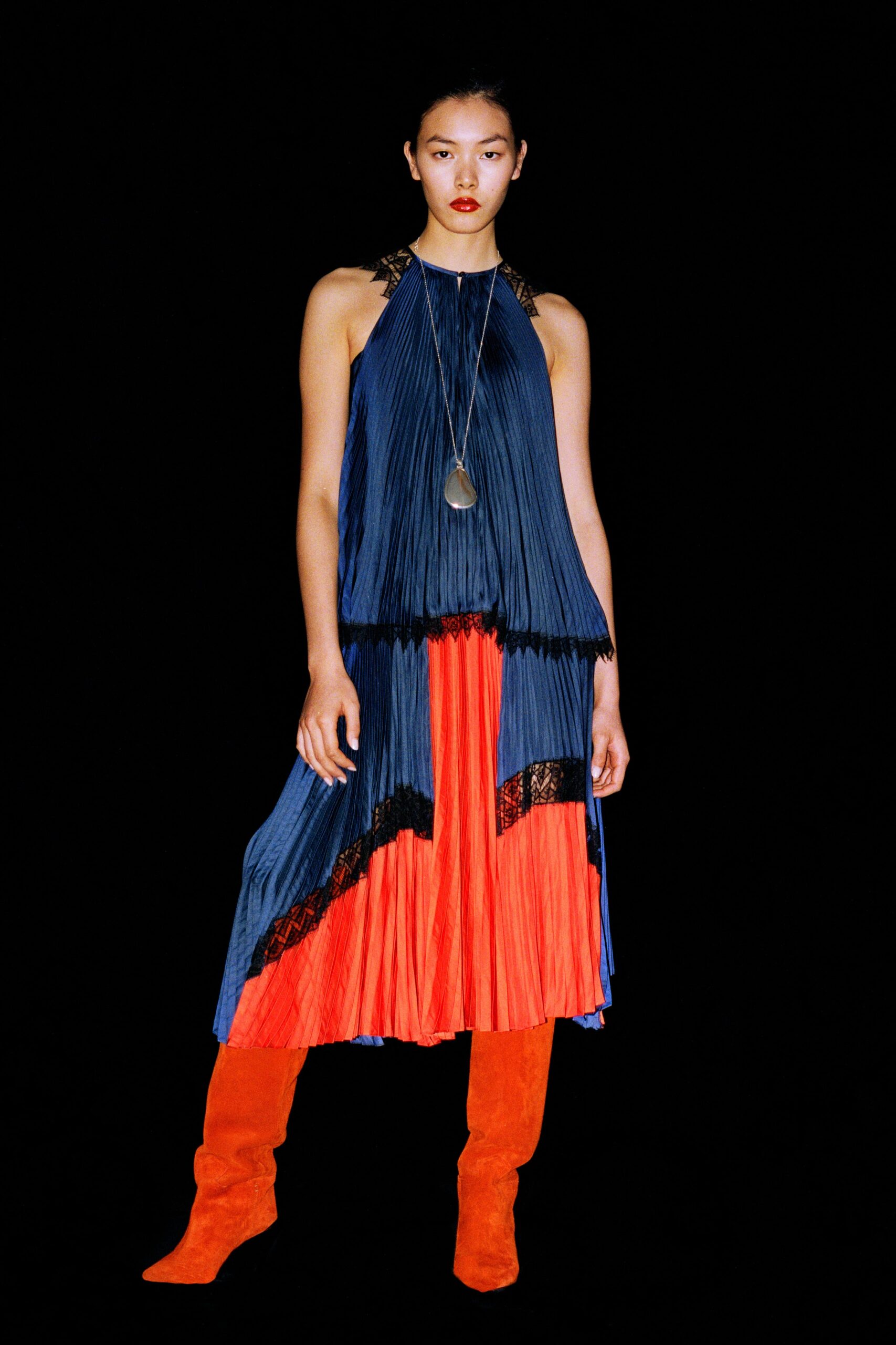 blue silk sleeveless high-neck fitted pleated layered dress