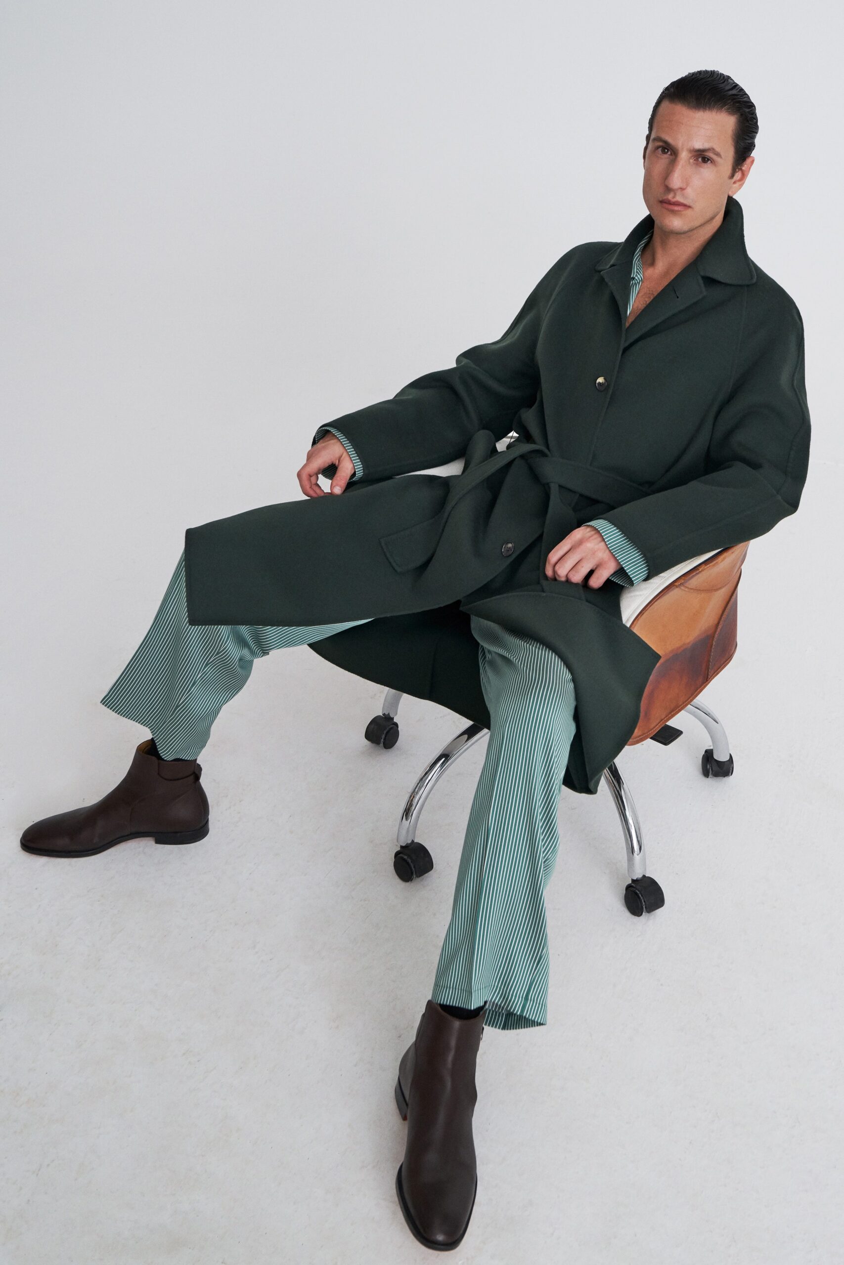 green wool coat with checked pants
