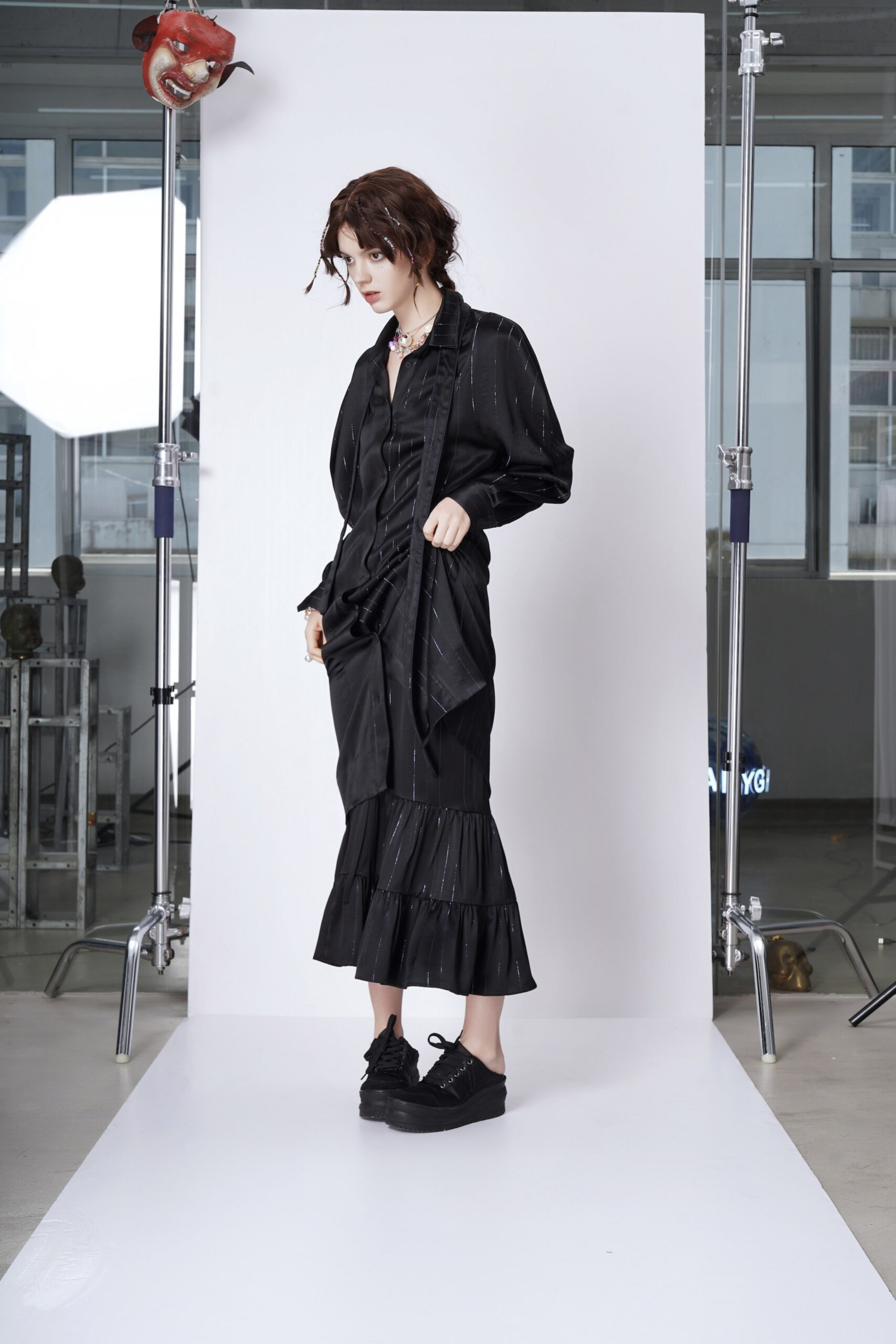 black cotton long-sleeve v-neck fitted tiered midi dress
