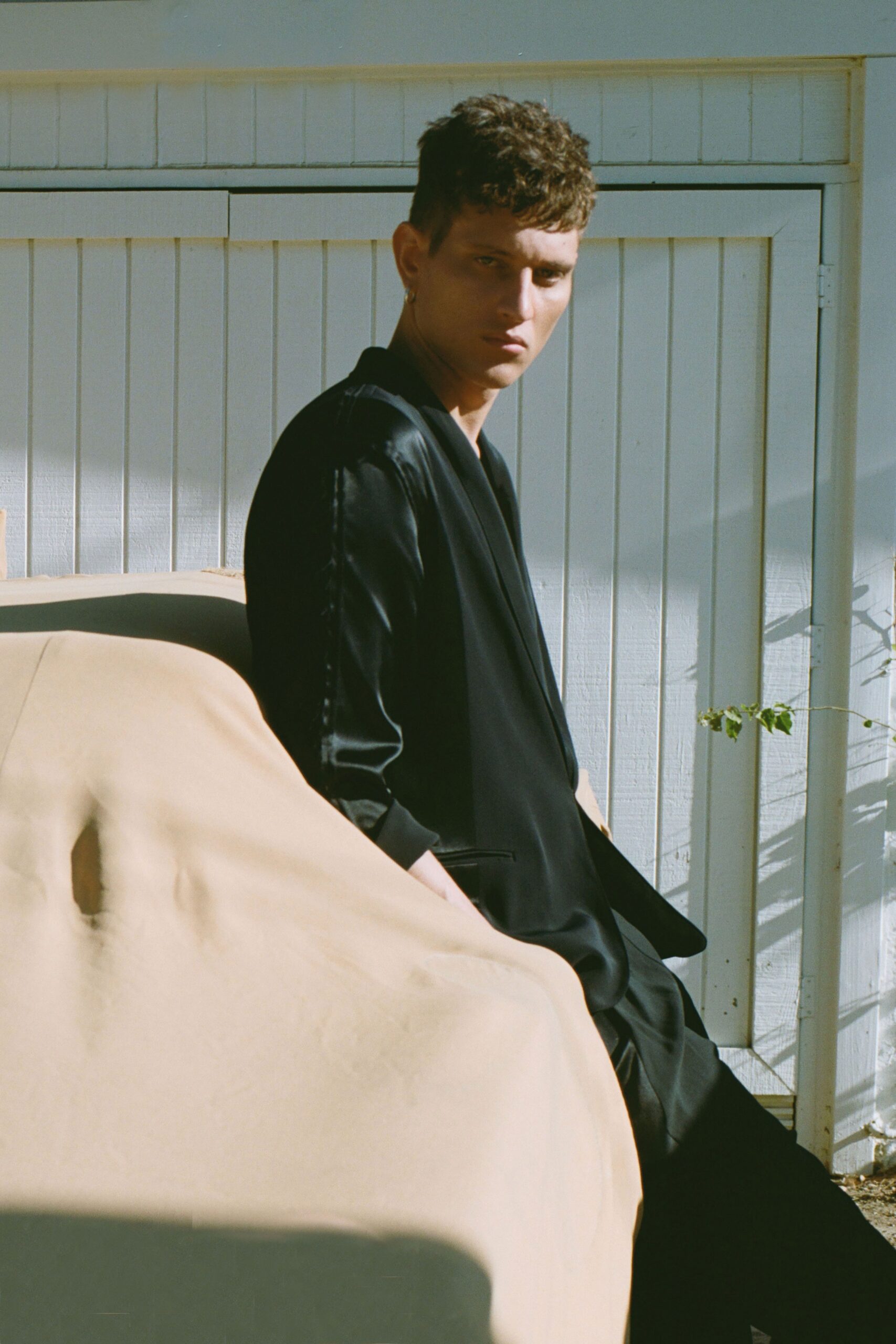 black silk fitted blazer and pants
