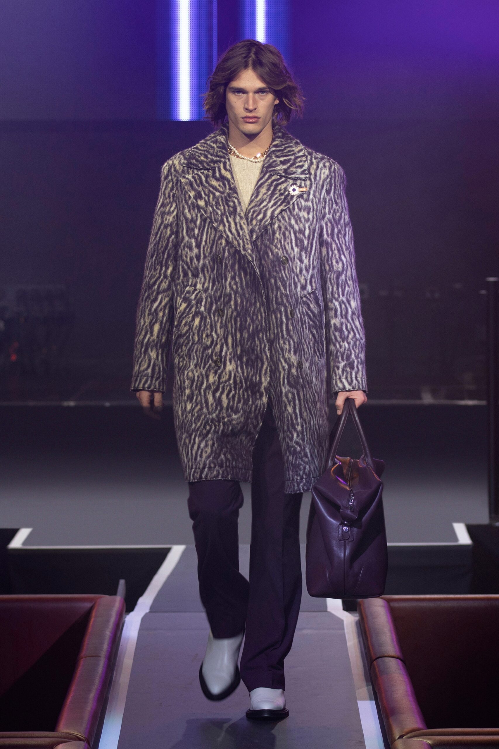 gray fur coat with black pants