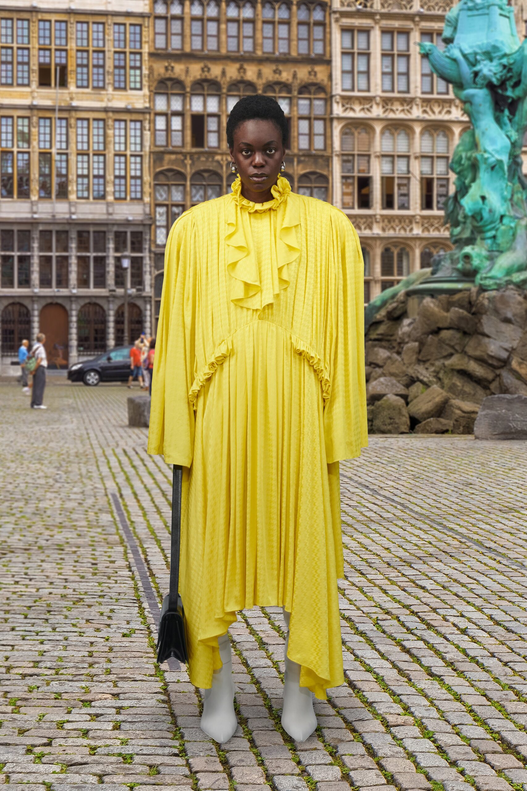 yellow pleated relaxed midi dress