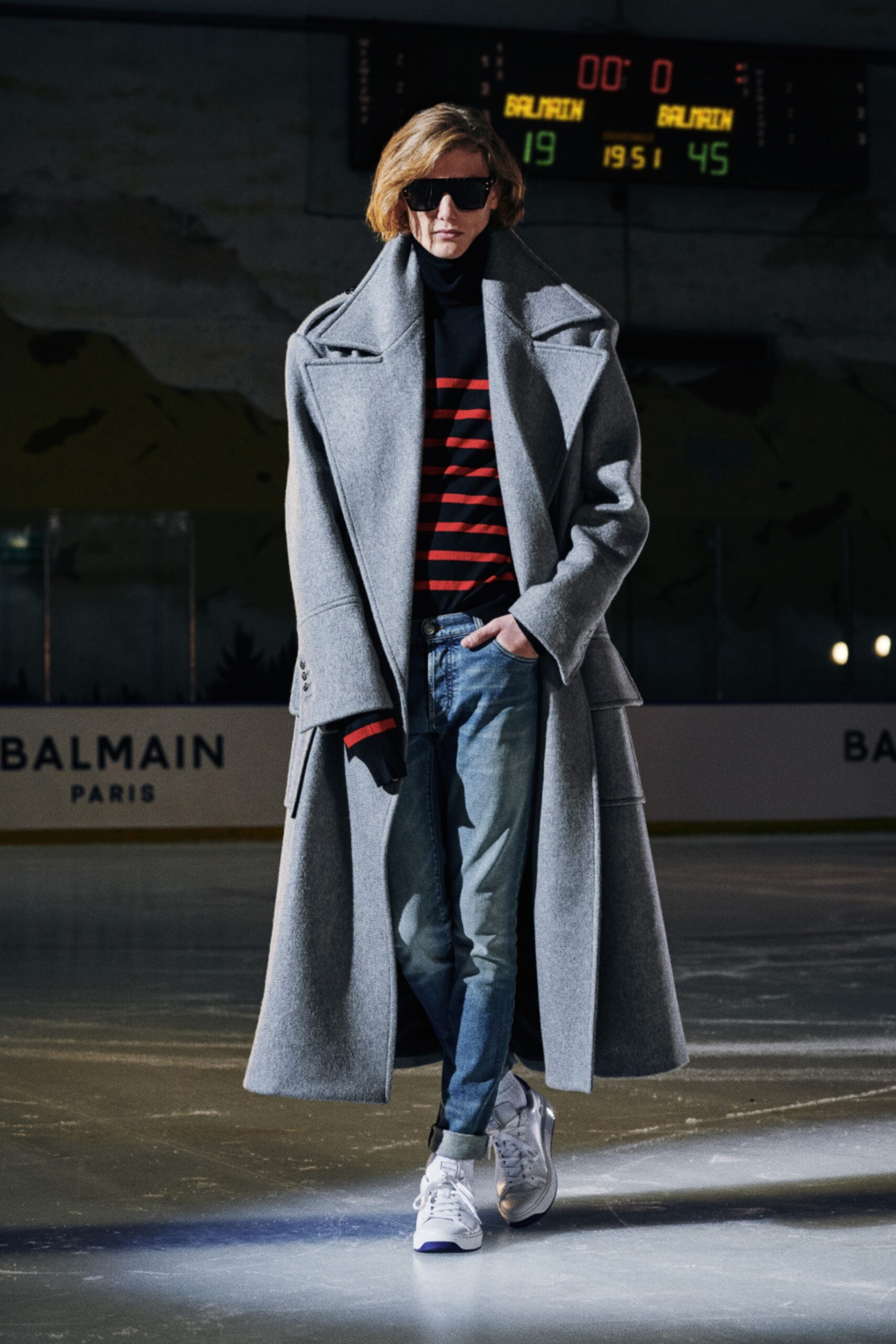 gray wool coat with striped top