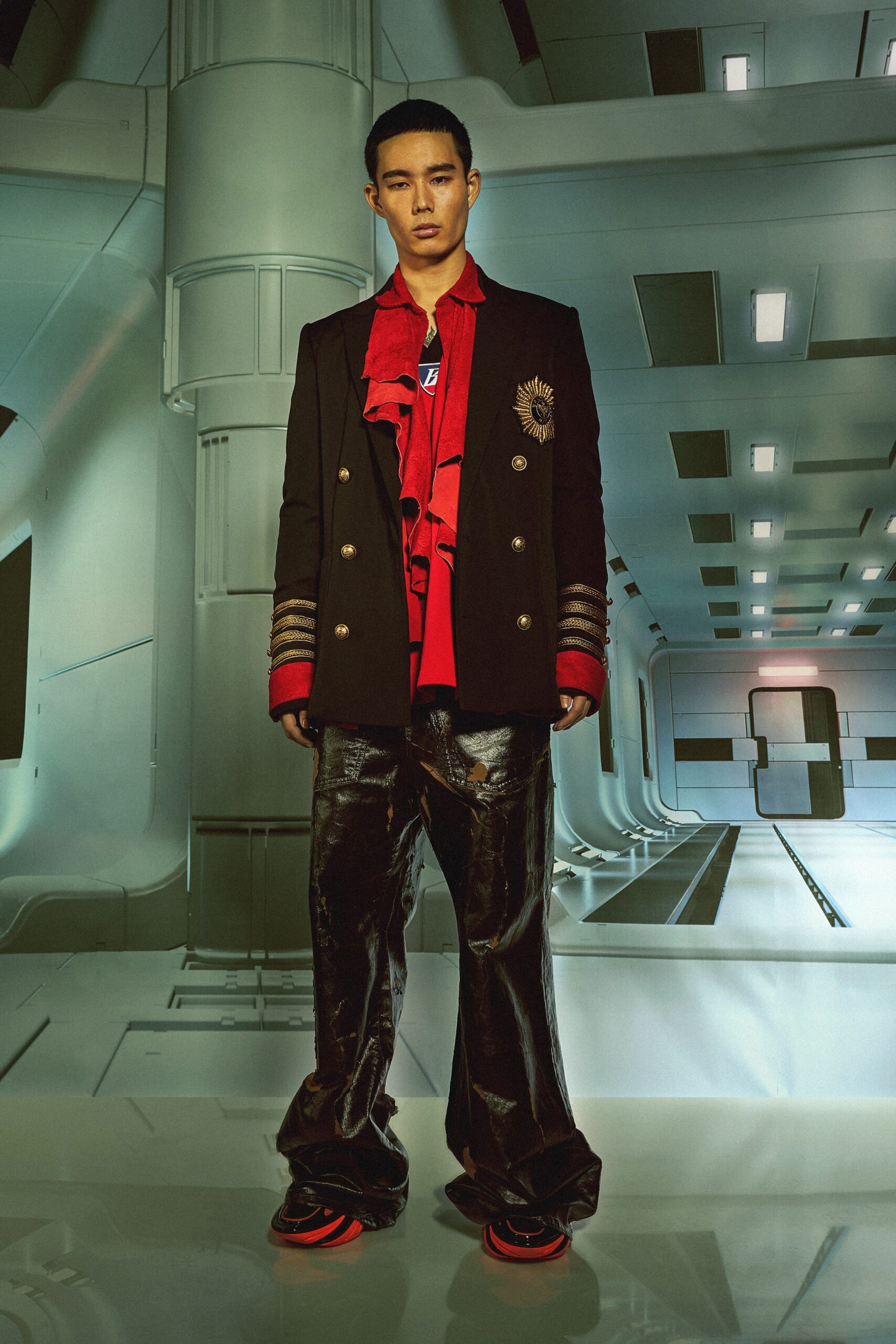 black vinyl relaxed wide-leg shiny pants