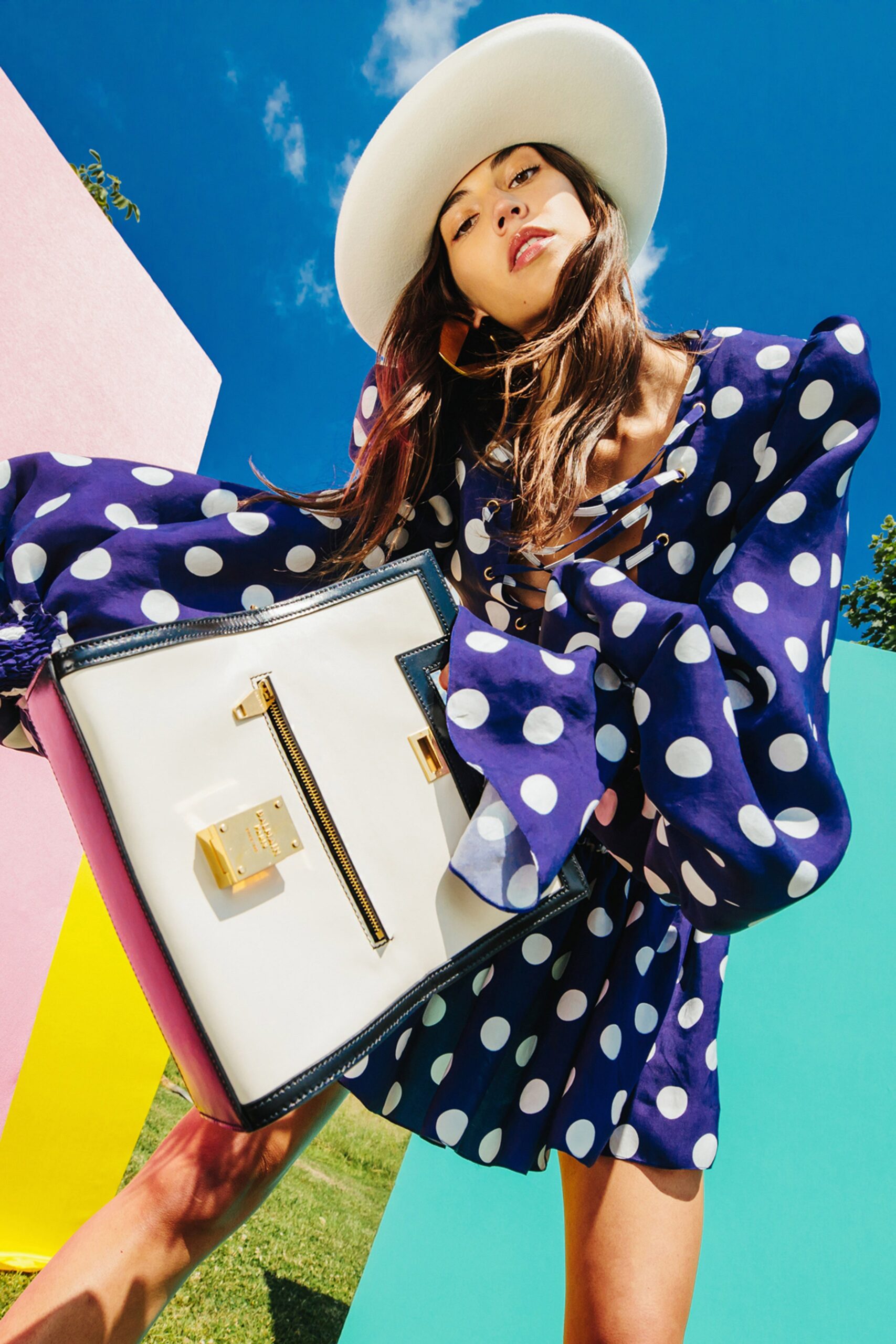 blue and white polka-dot dress