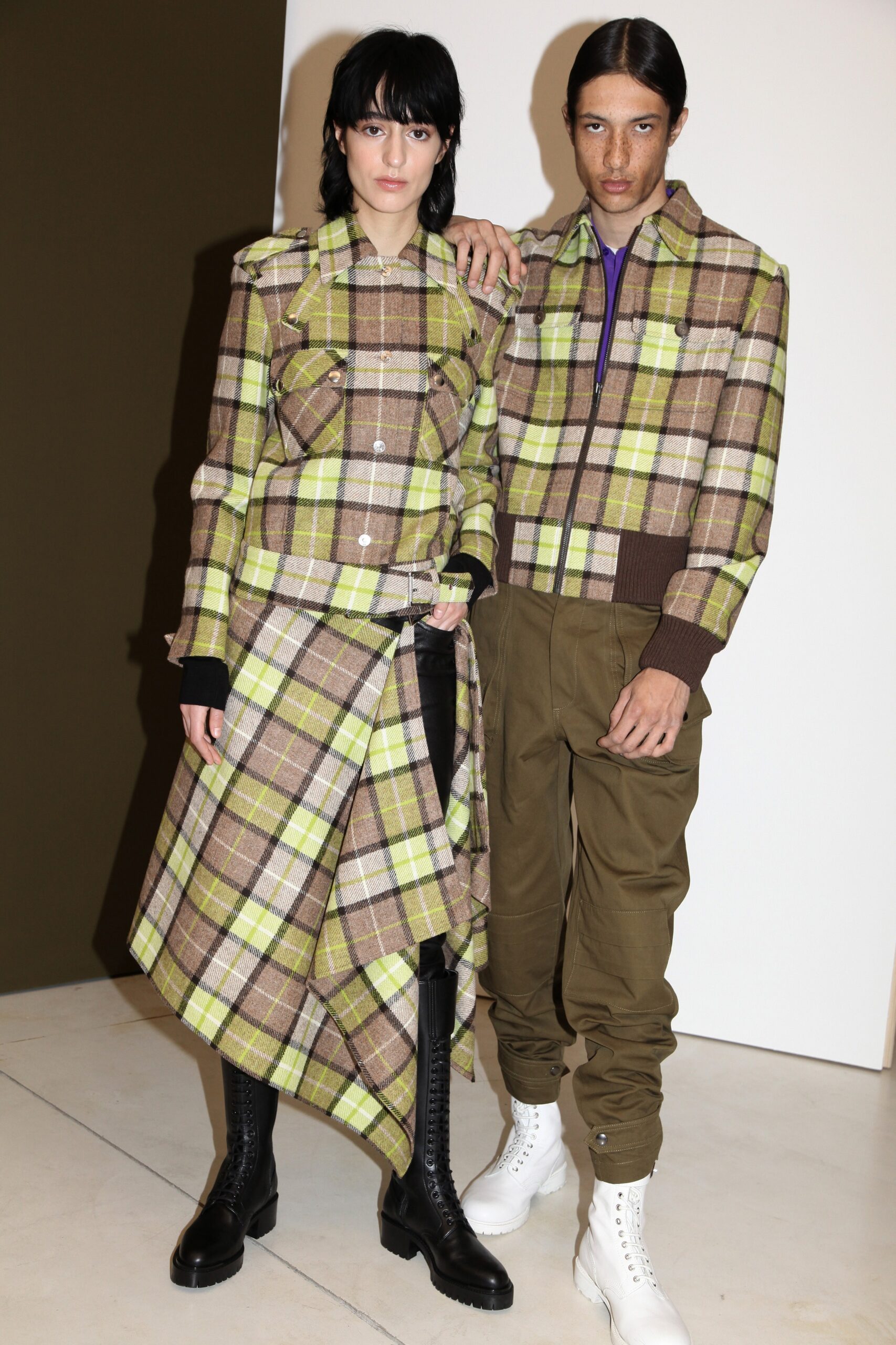 checked green and brown shirt with asymmetric skirt