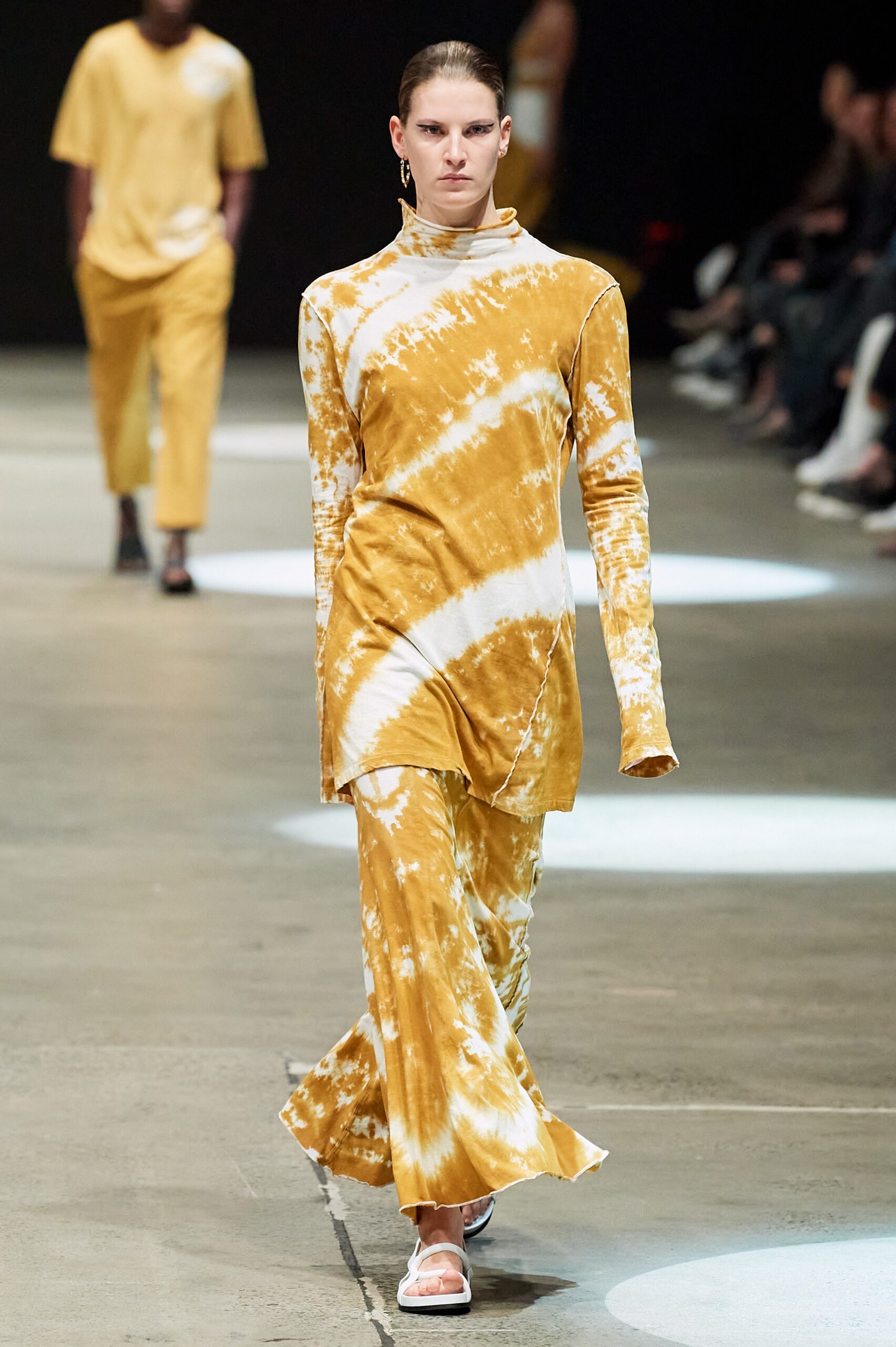yellow and white draped maxi dress
