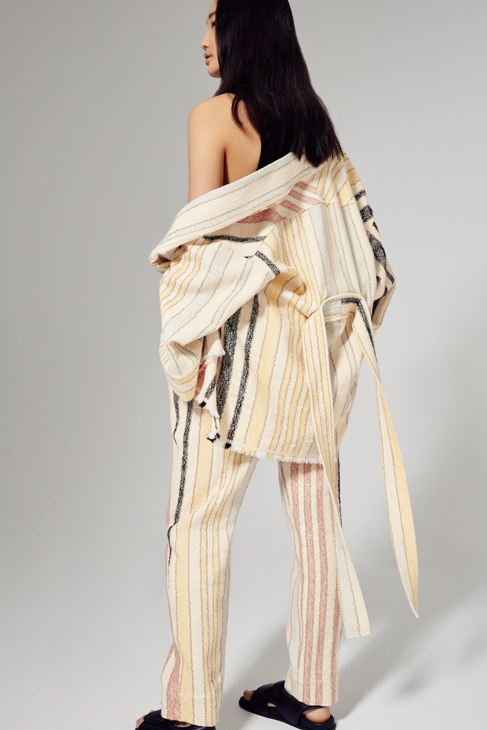 beige striped relaxed jacket and pants