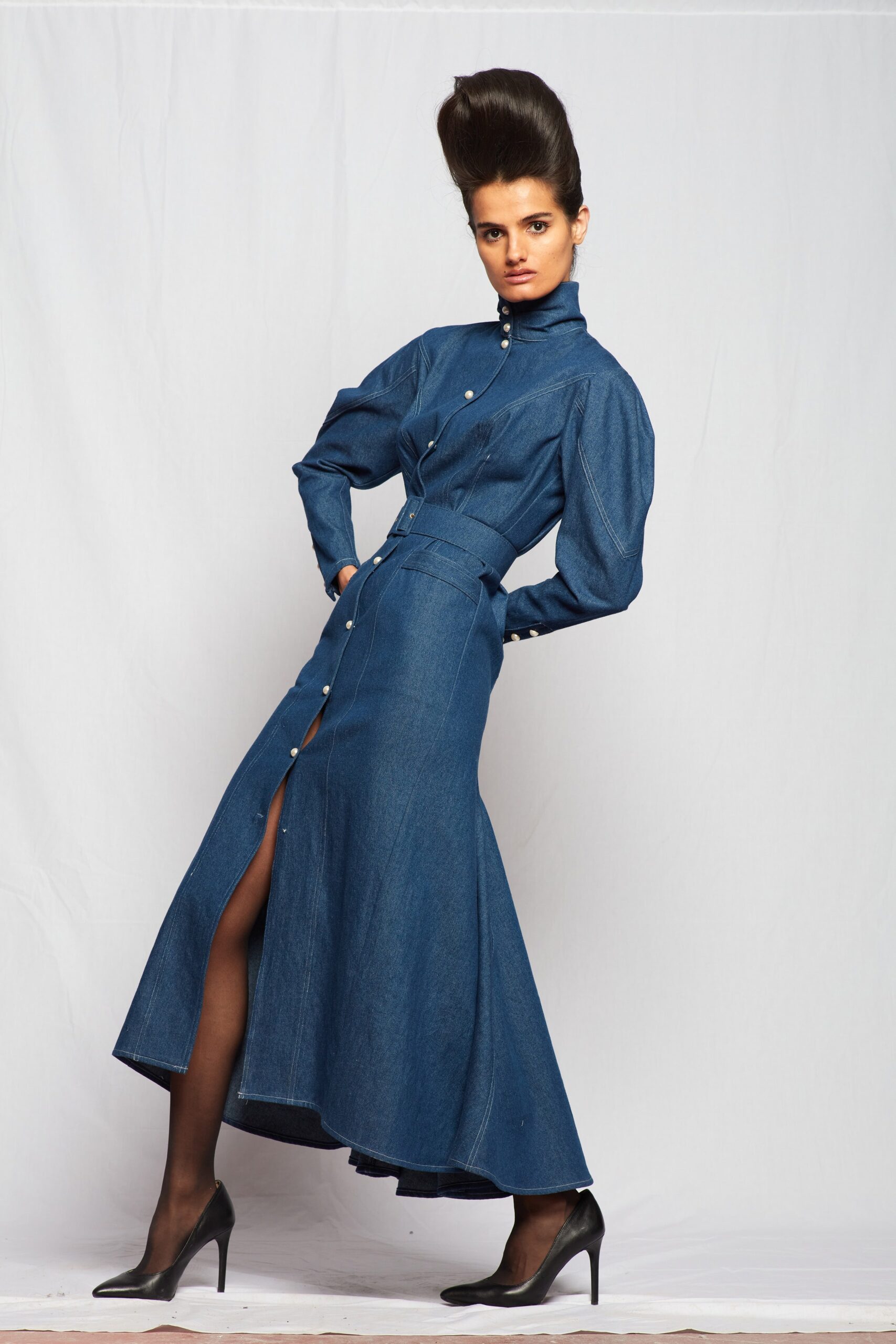 blue denim long-sleeve collared fitted buttoned a-line dress