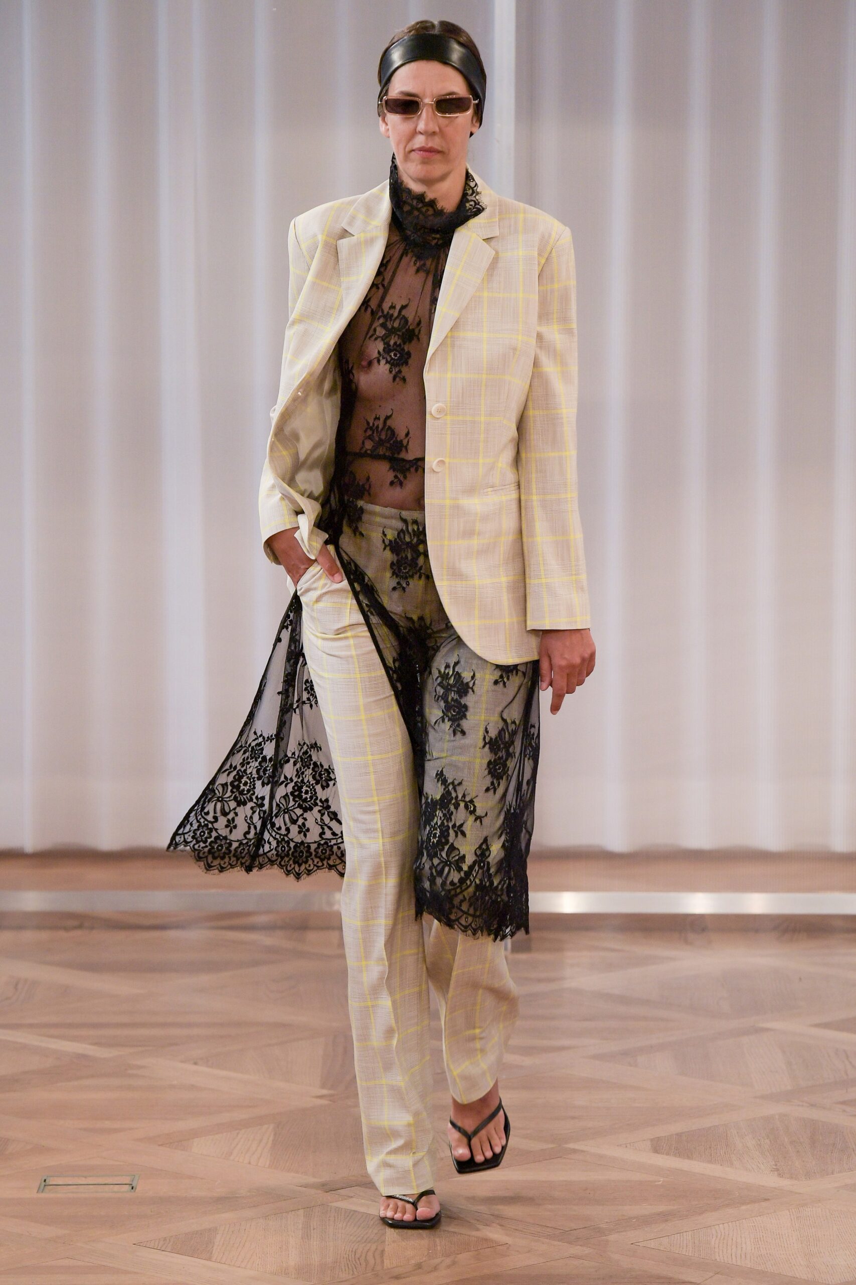 yellow checked tailored suit with lace top