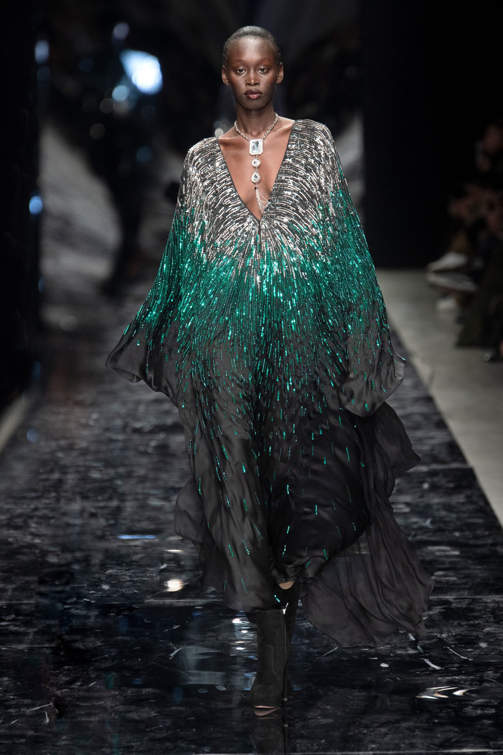 black and green flowing gown