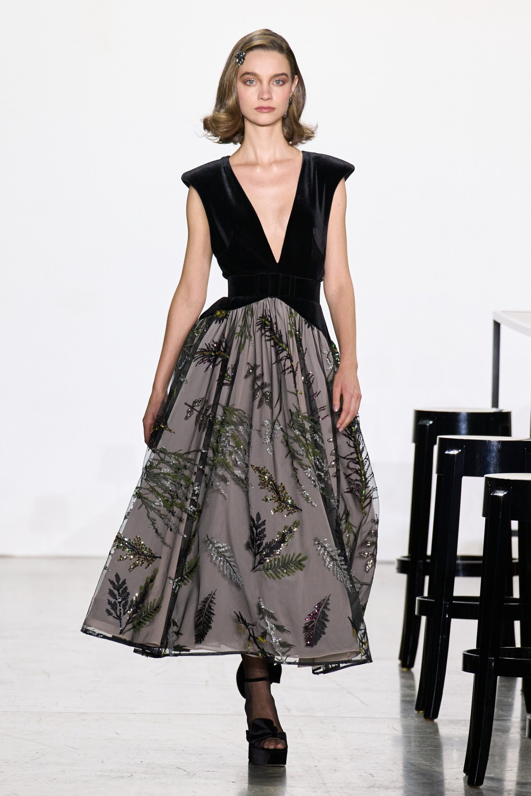 gray embroidered a-line dress