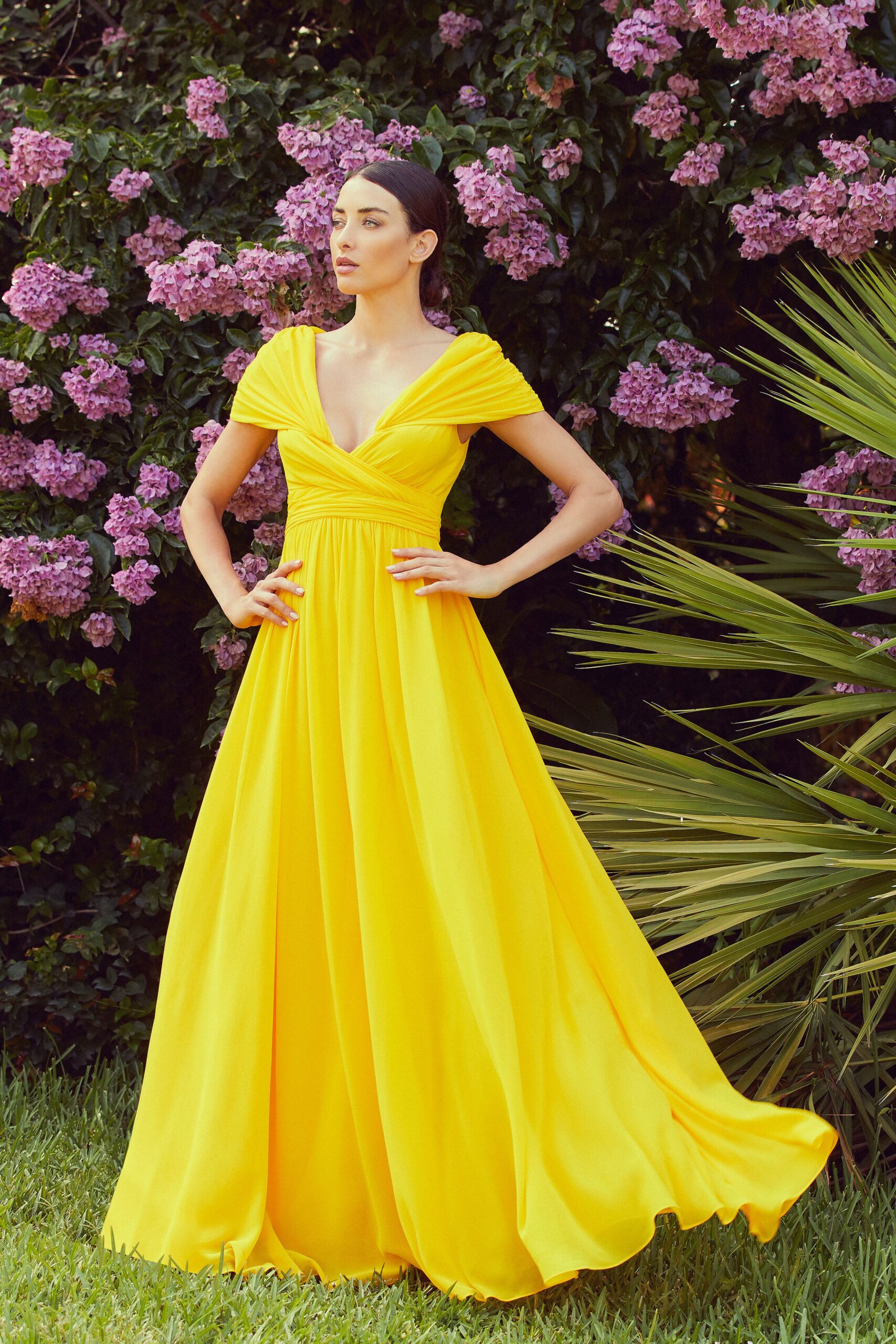 yellow silk sleeveless gown