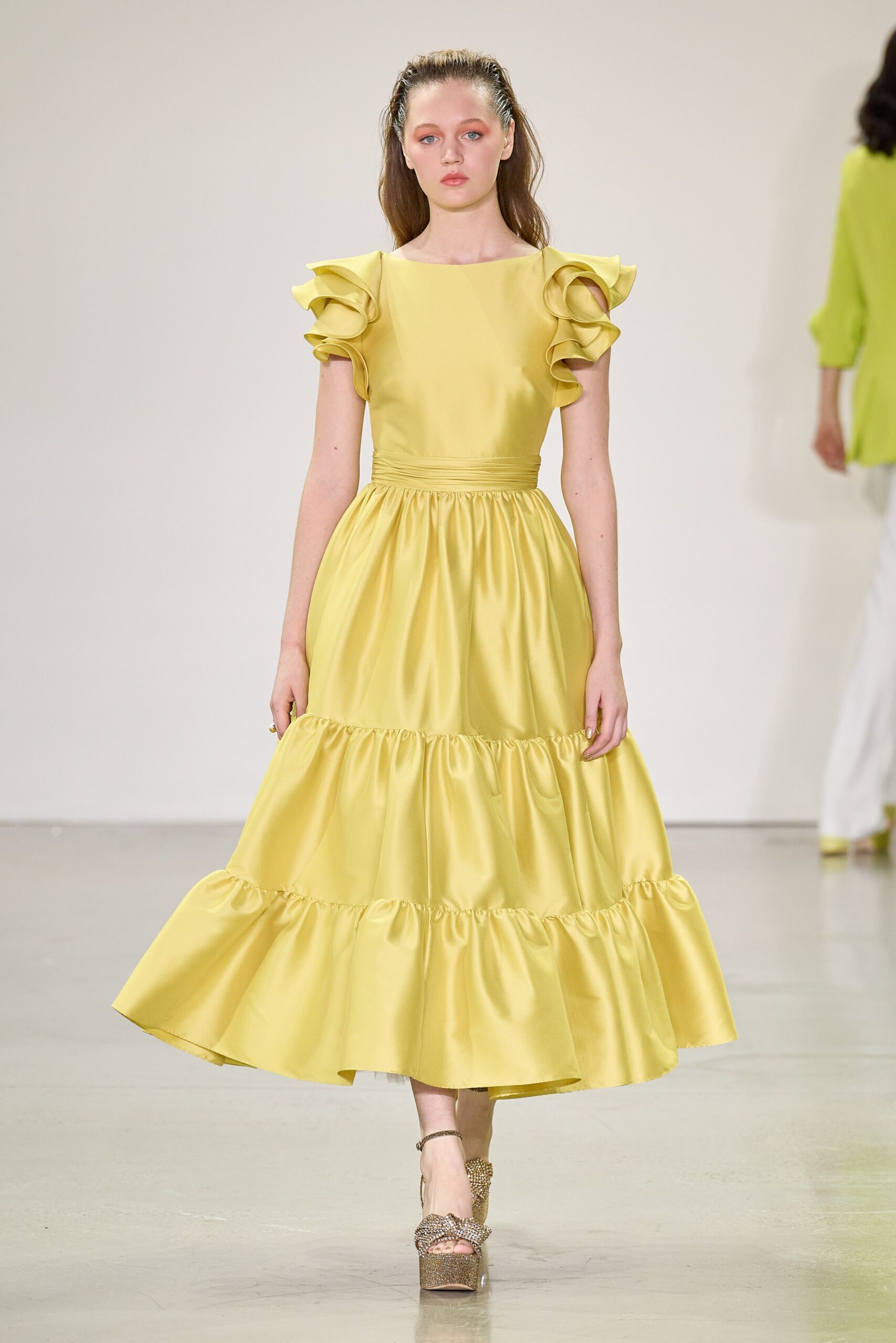 yellow satin tiered dress