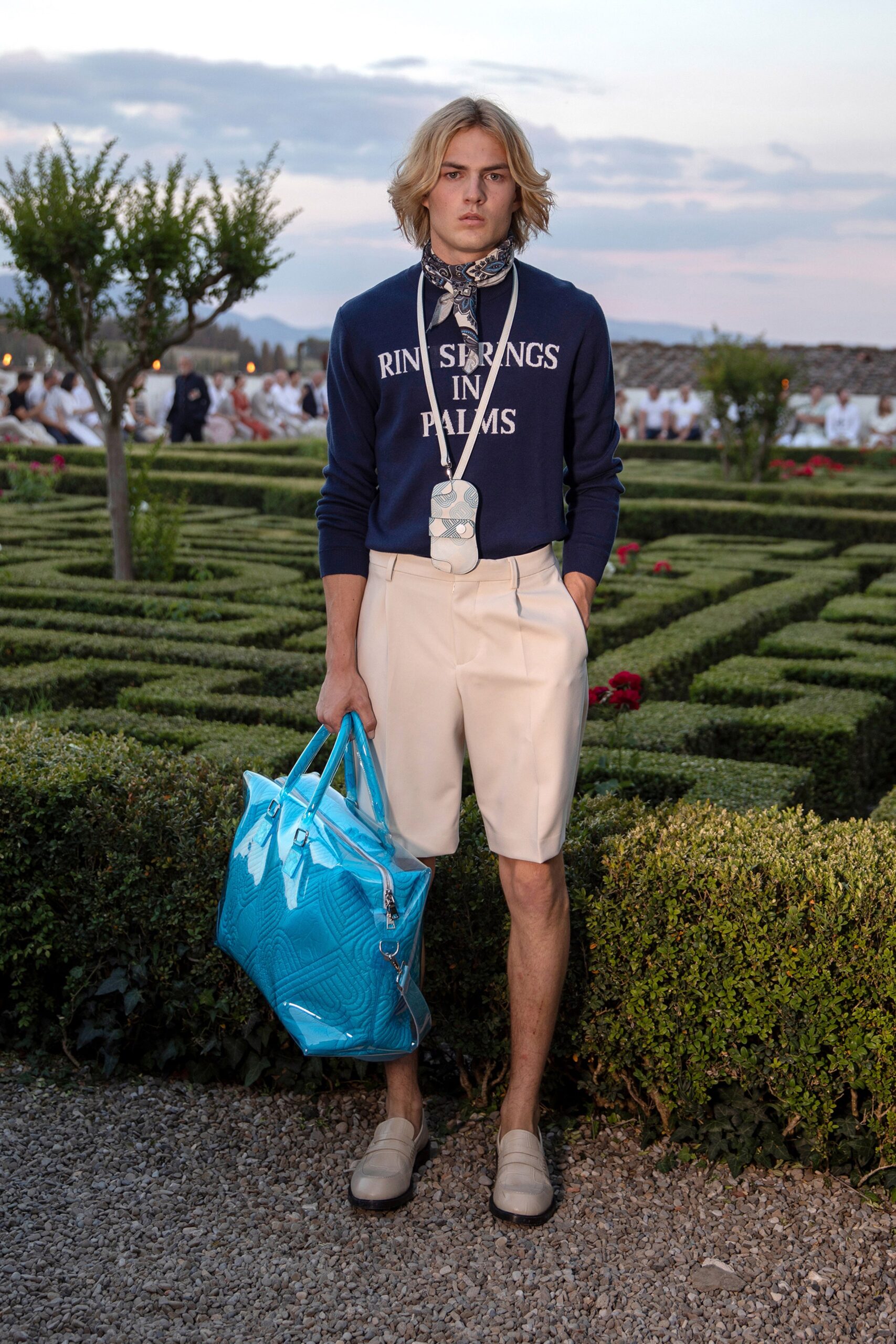 navy cotton sweater beige tailored shorts