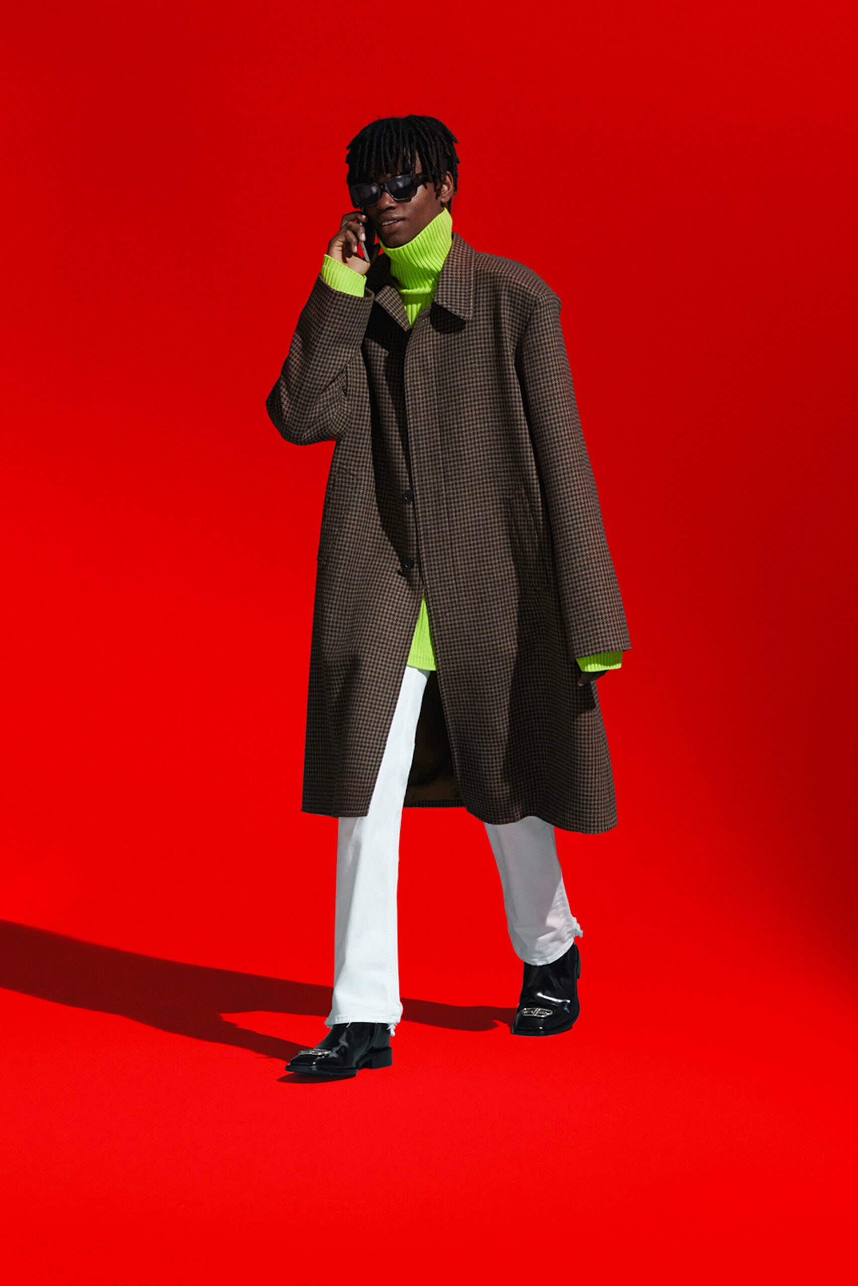 brown checked coat with green turtleneck