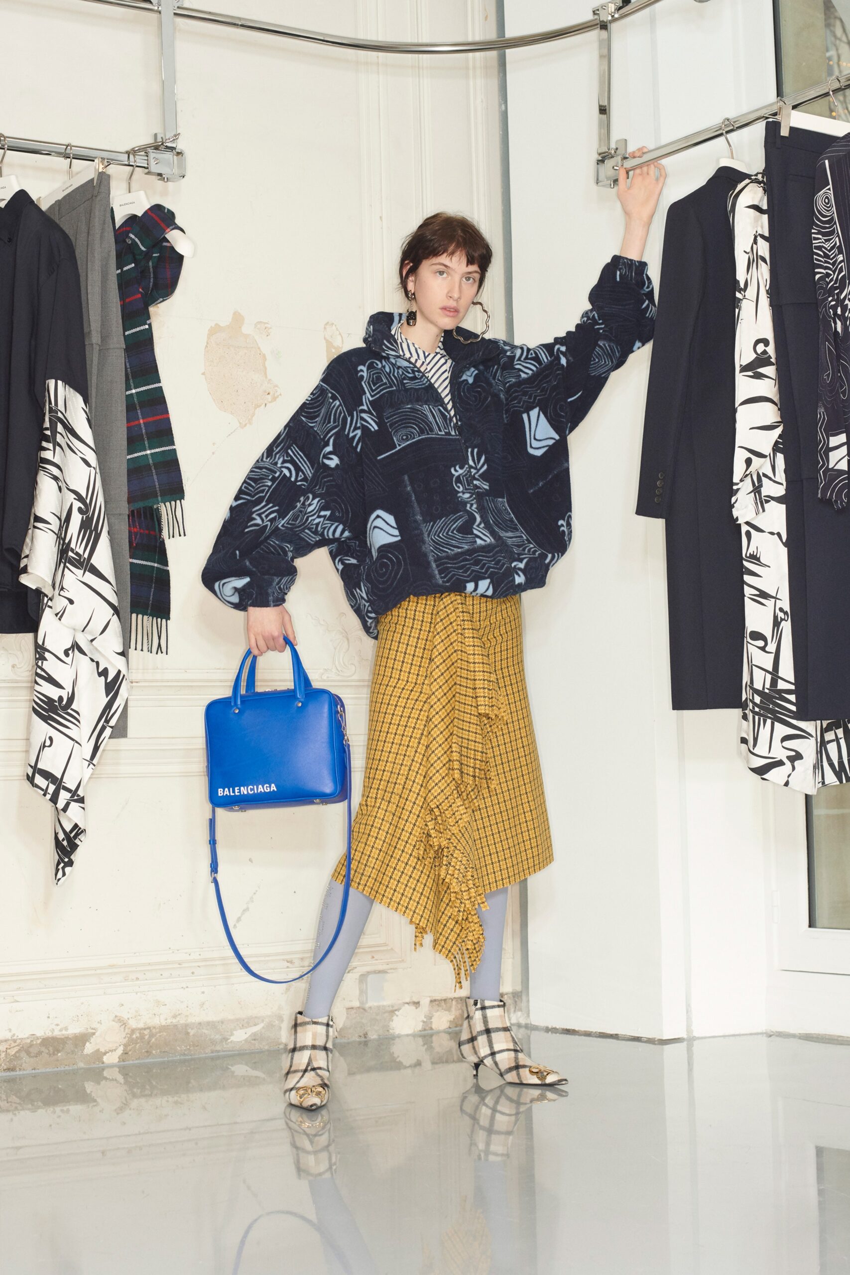 oversized blue printed top with midi skirt