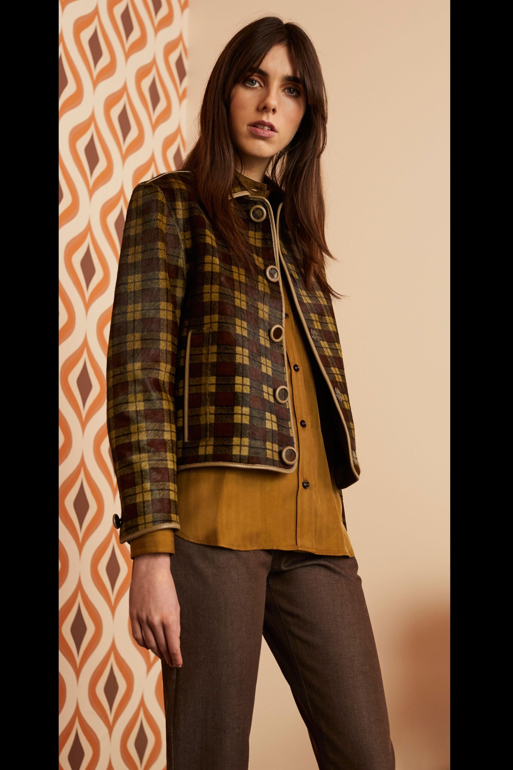 brown green yellow checked jacket
