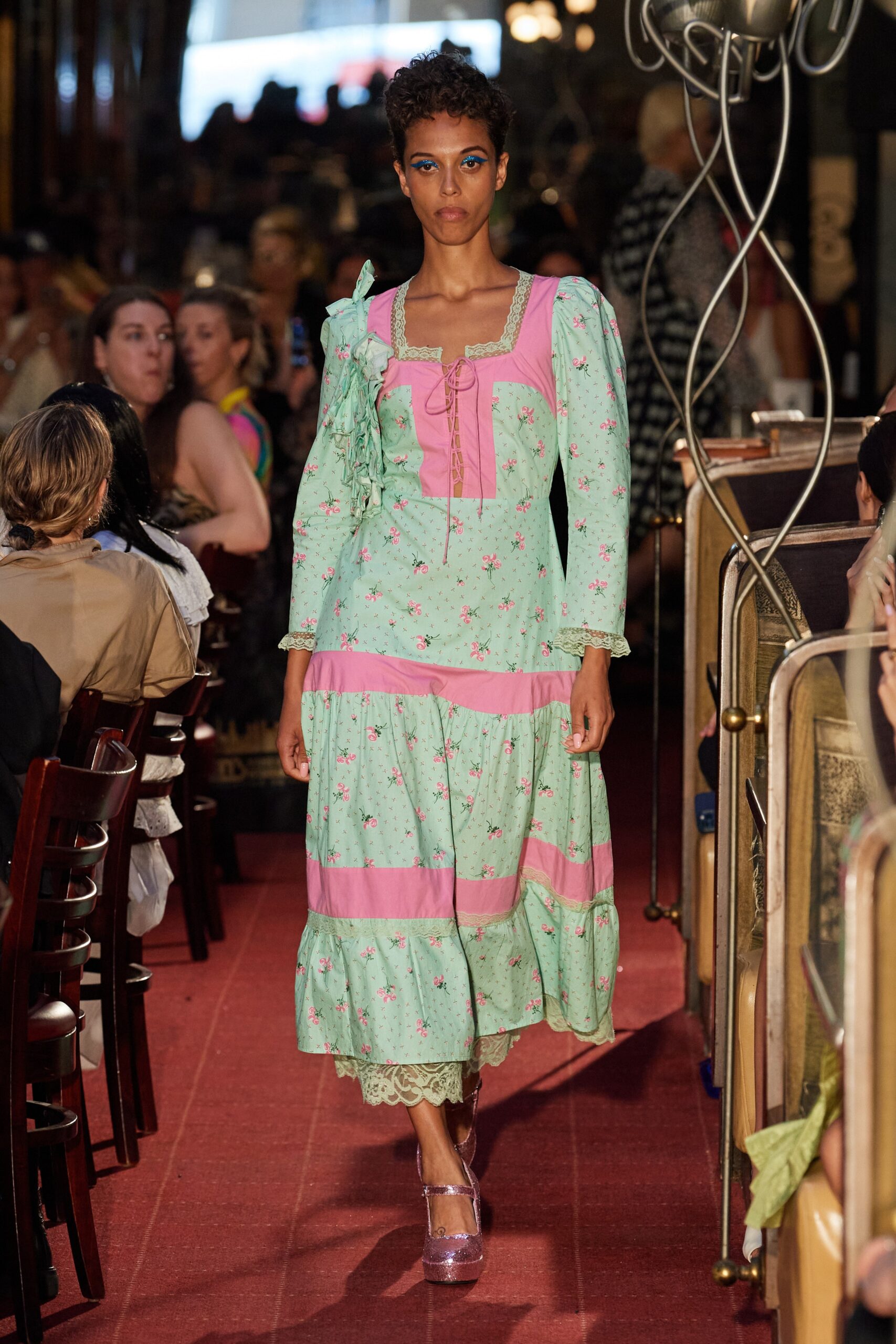 green and pink embroidered midi dress