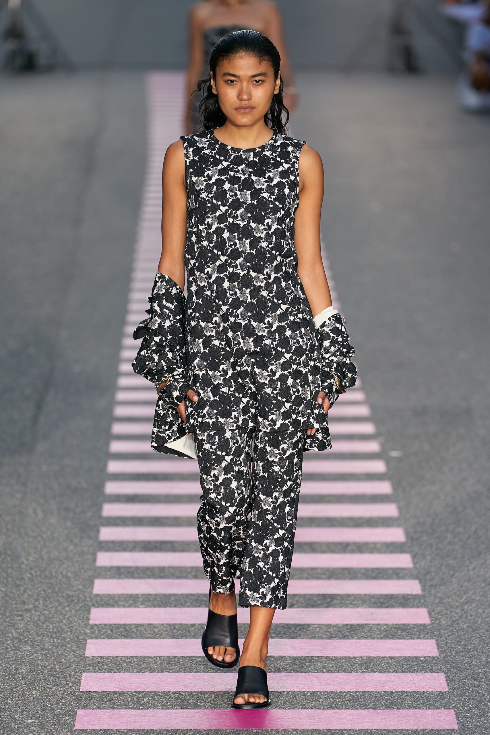 black and white floral jumpsuit with jacket