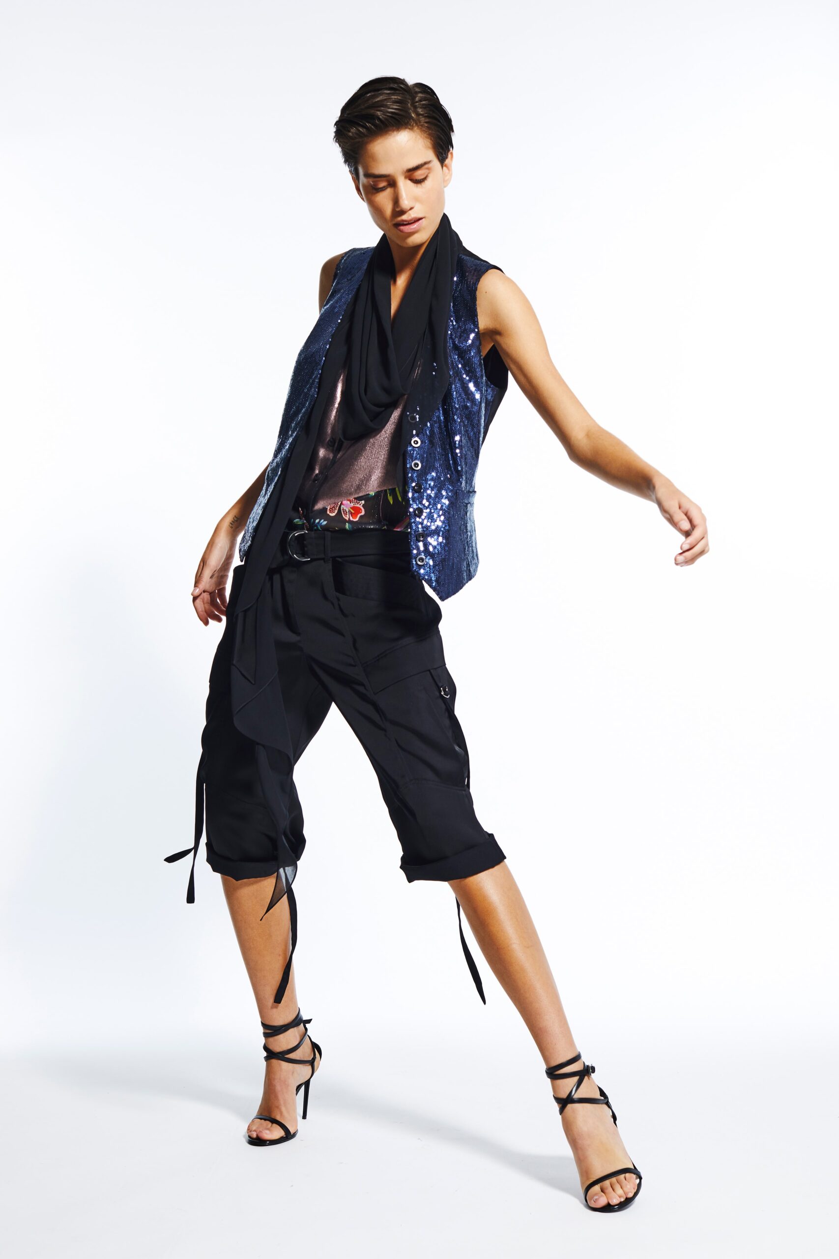 blue sequin sleeveless fitted zippered shiny vest