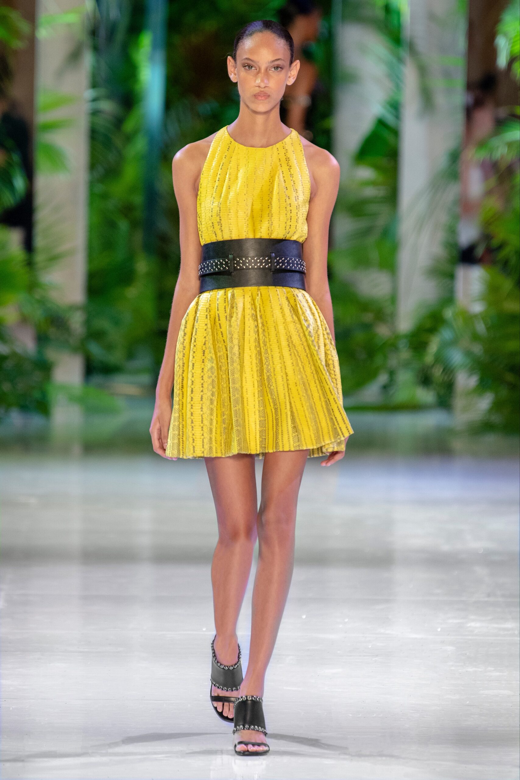 yellow pleated mini dress