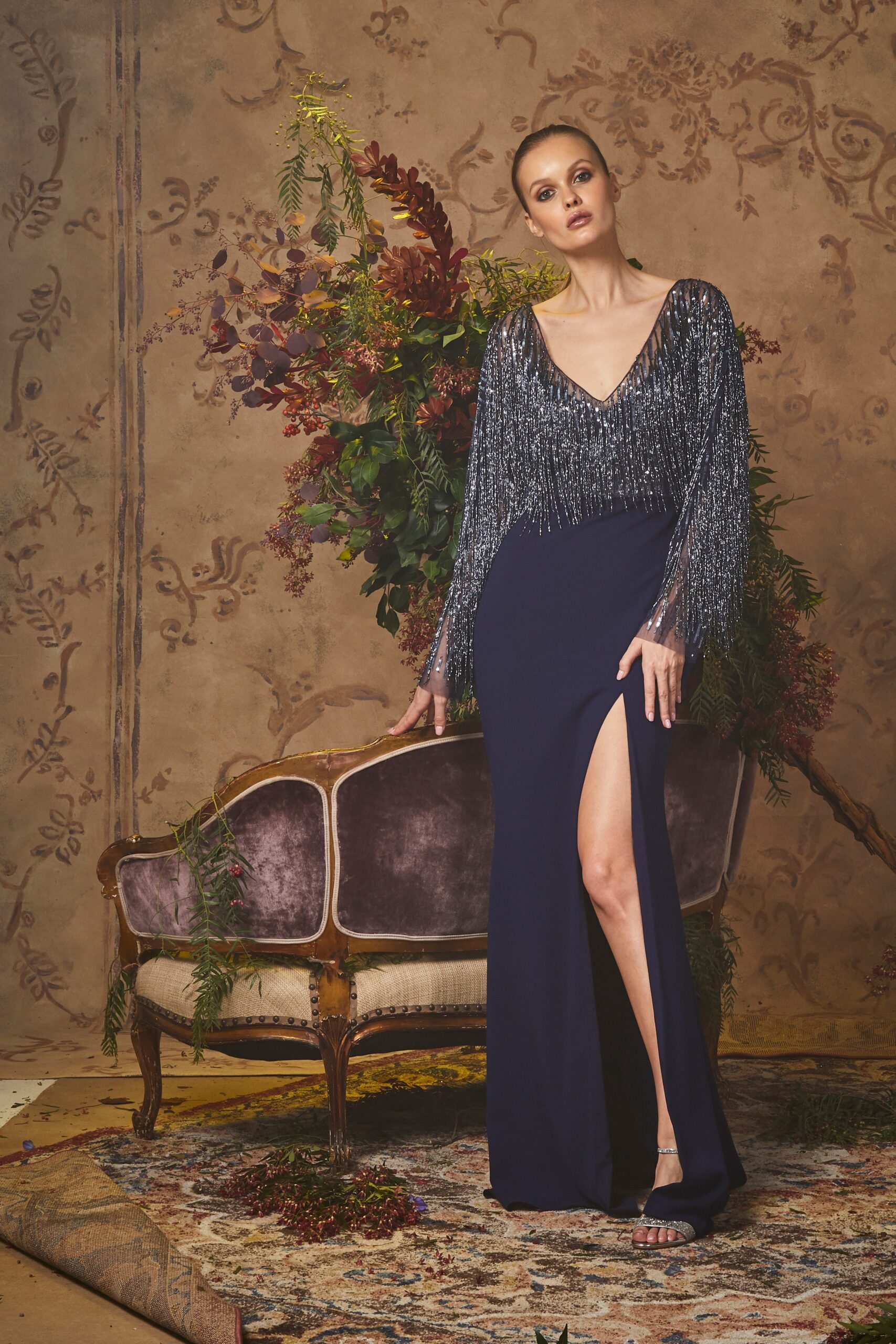 navy silk fitted gown