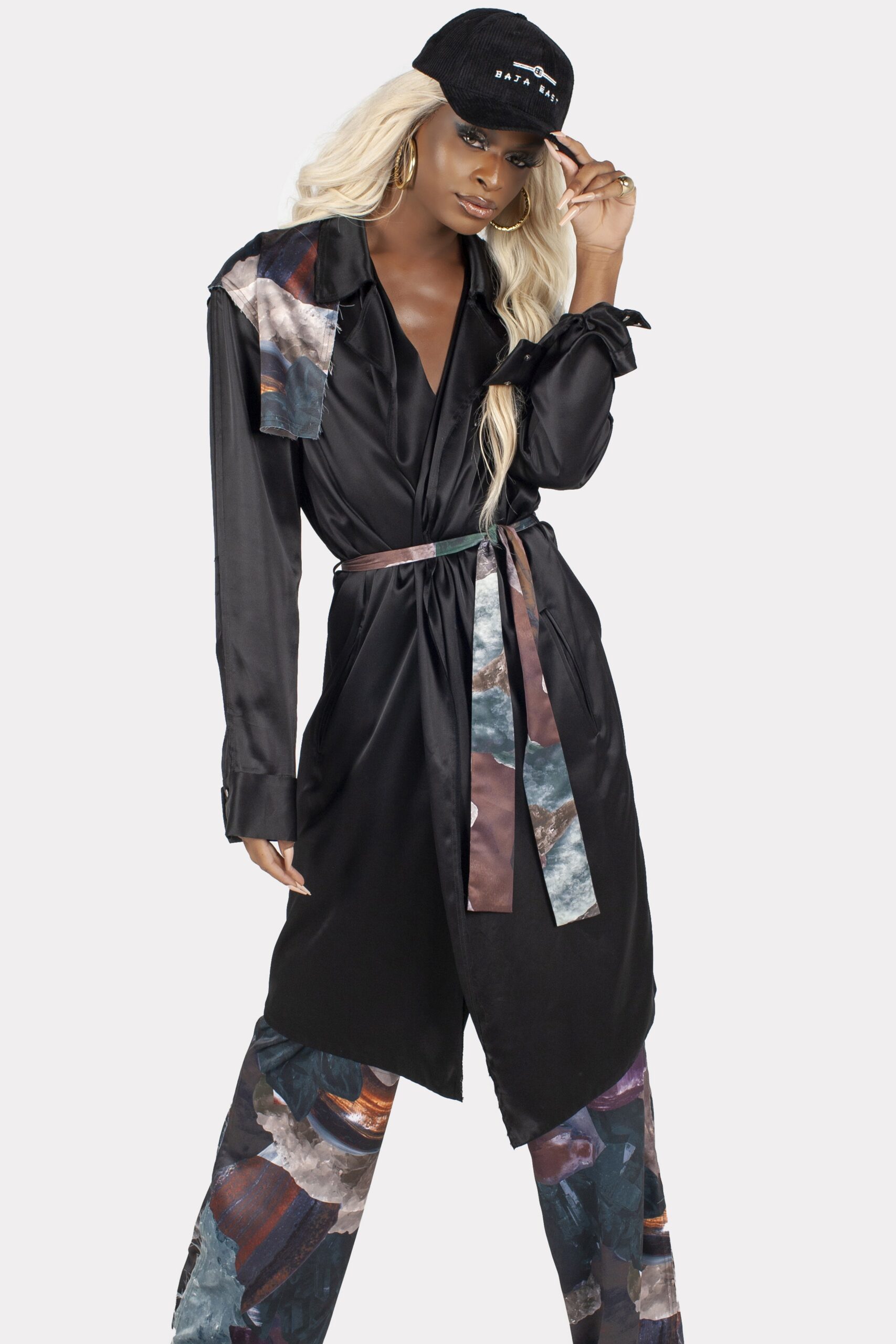 black silk long-sleeve collared fitted belted jacket