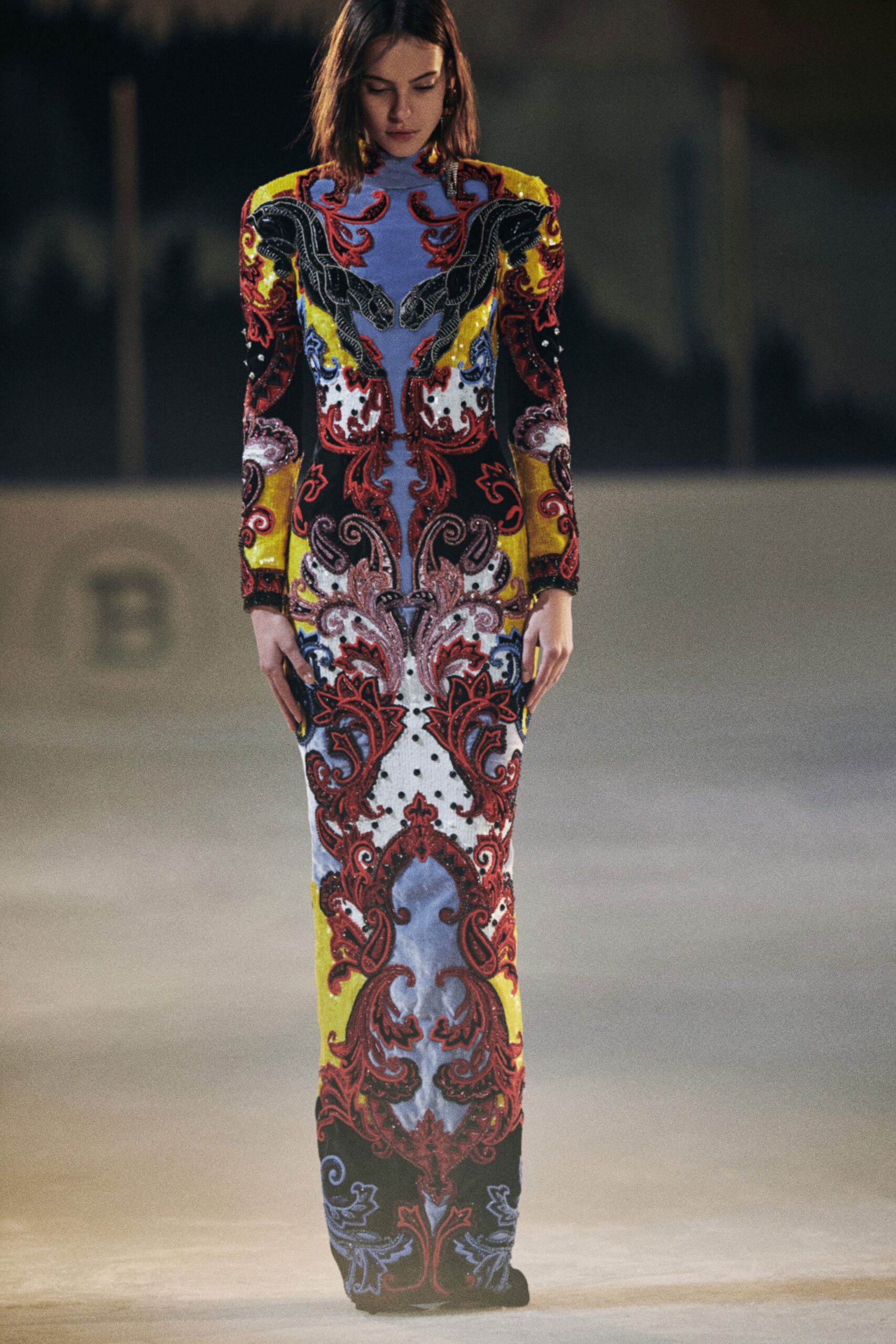 fitted printed silk gown