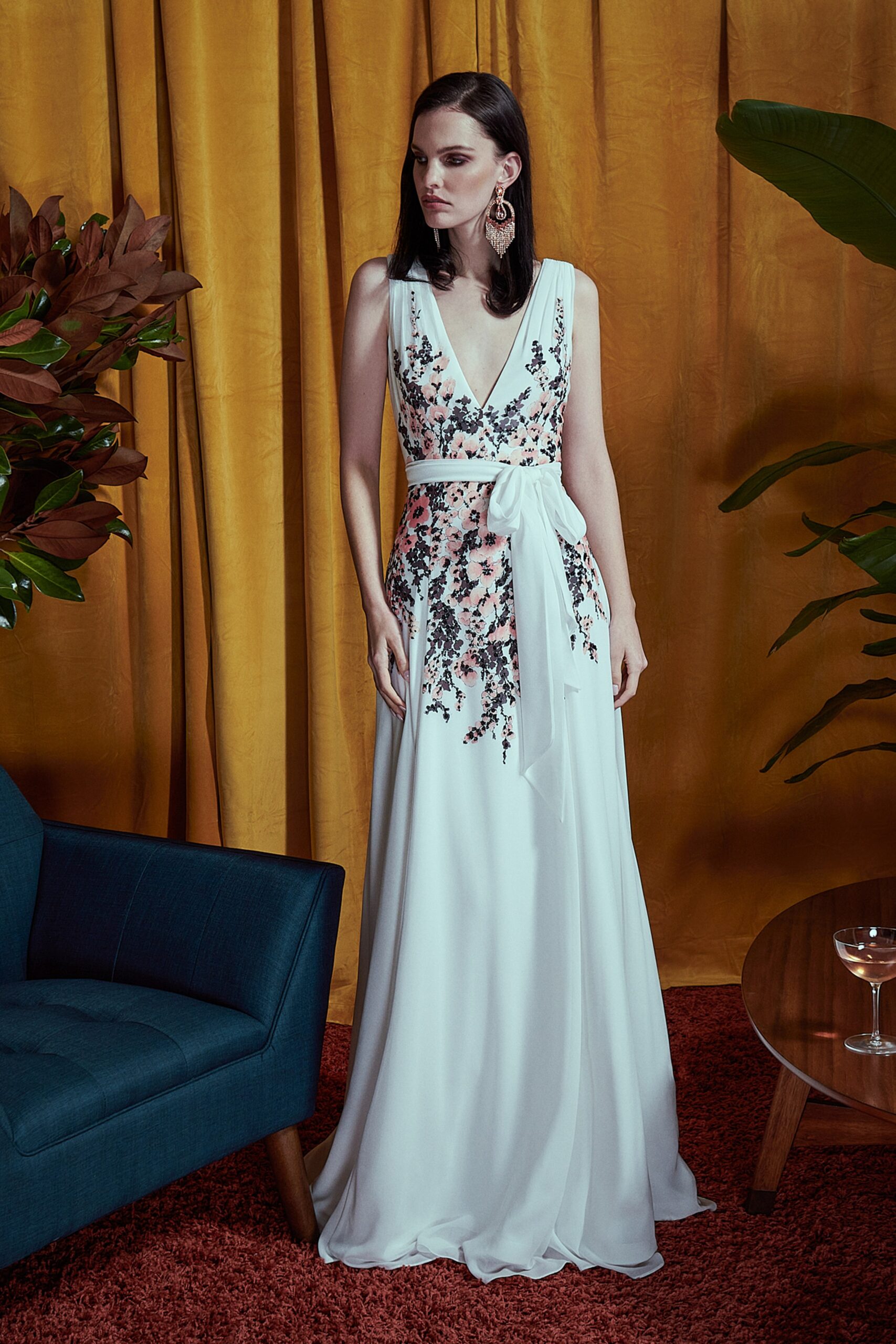 white chiffon embroidered gown
