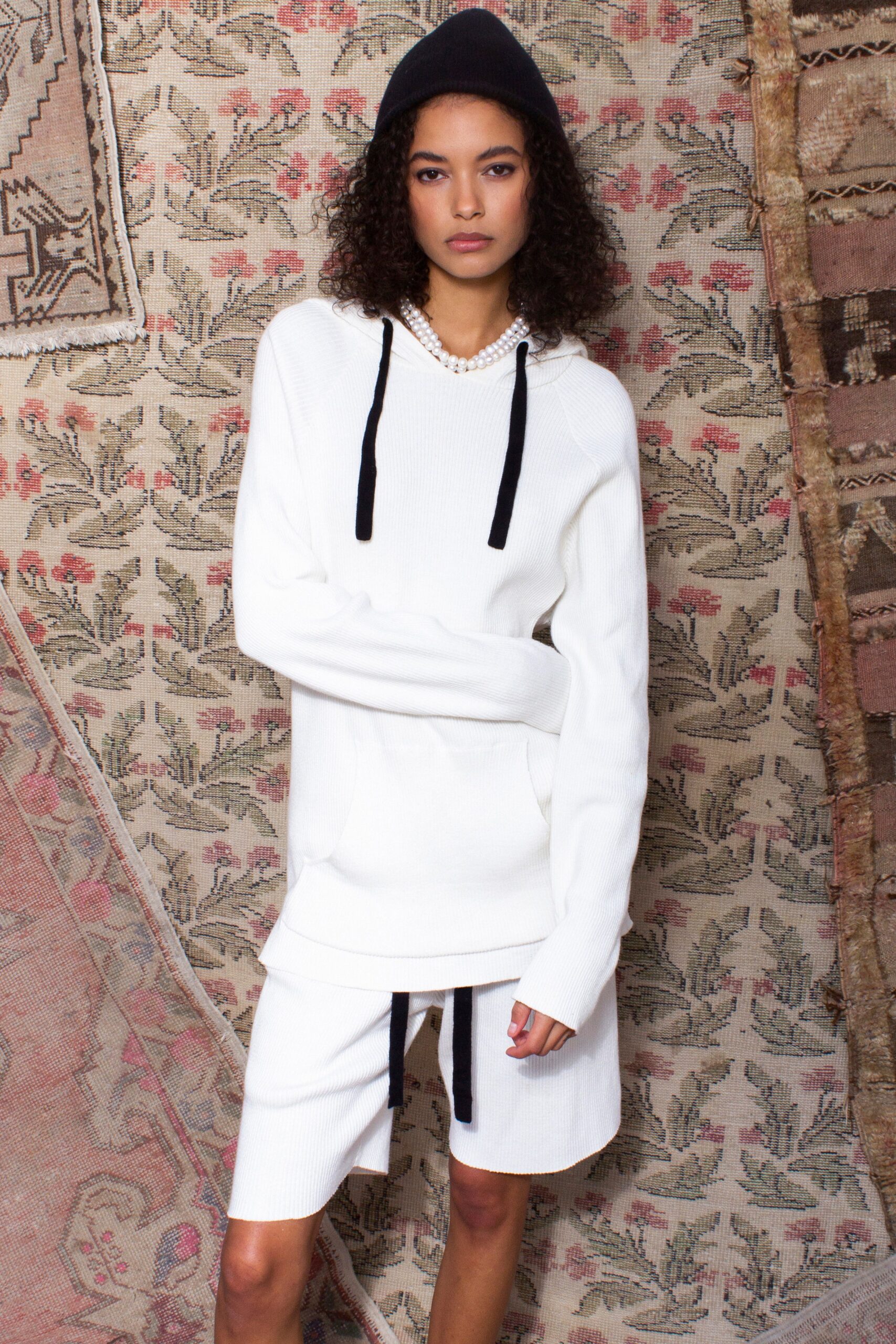 white relaxed hoodie and shorts