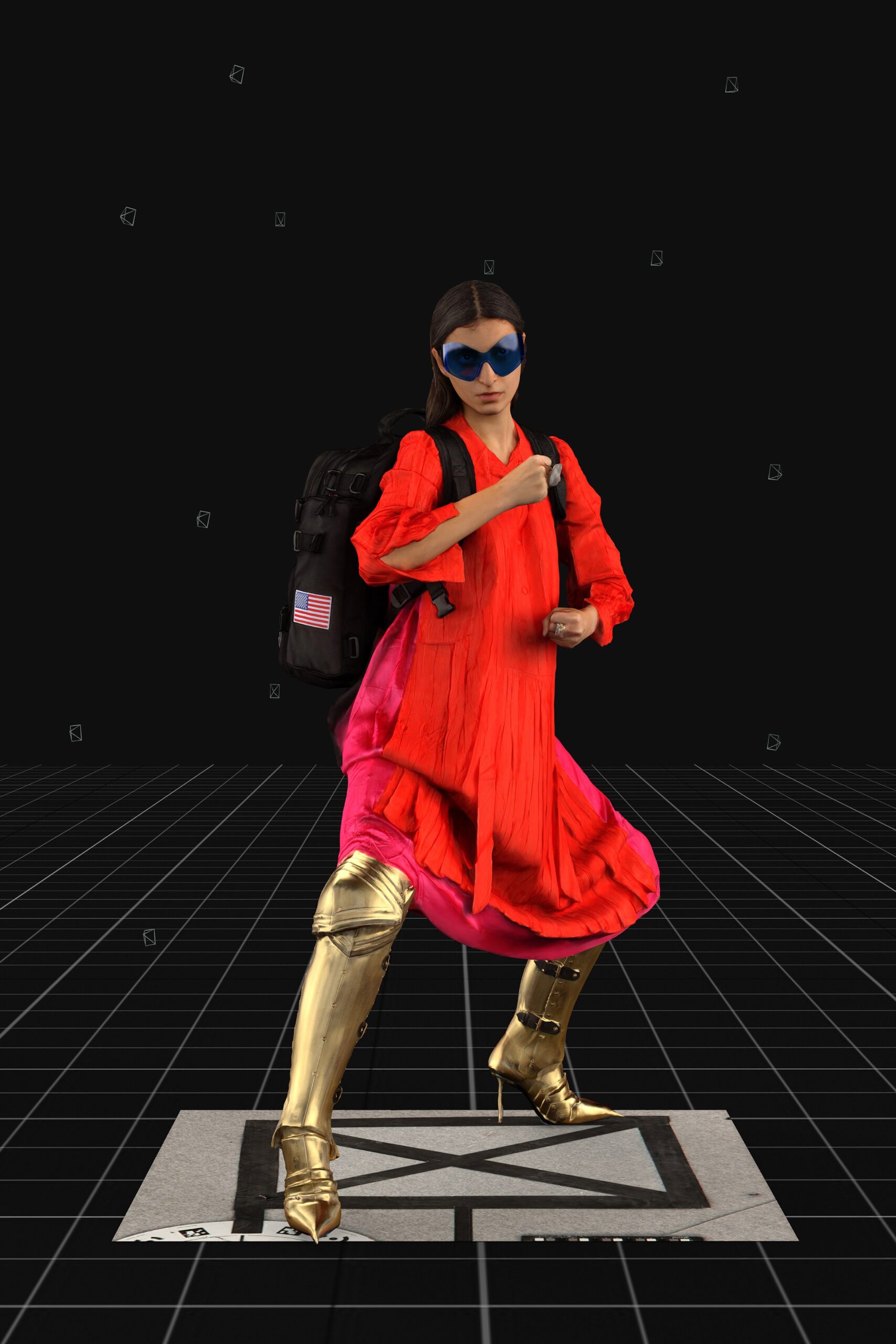 red and pink pleated midi dress