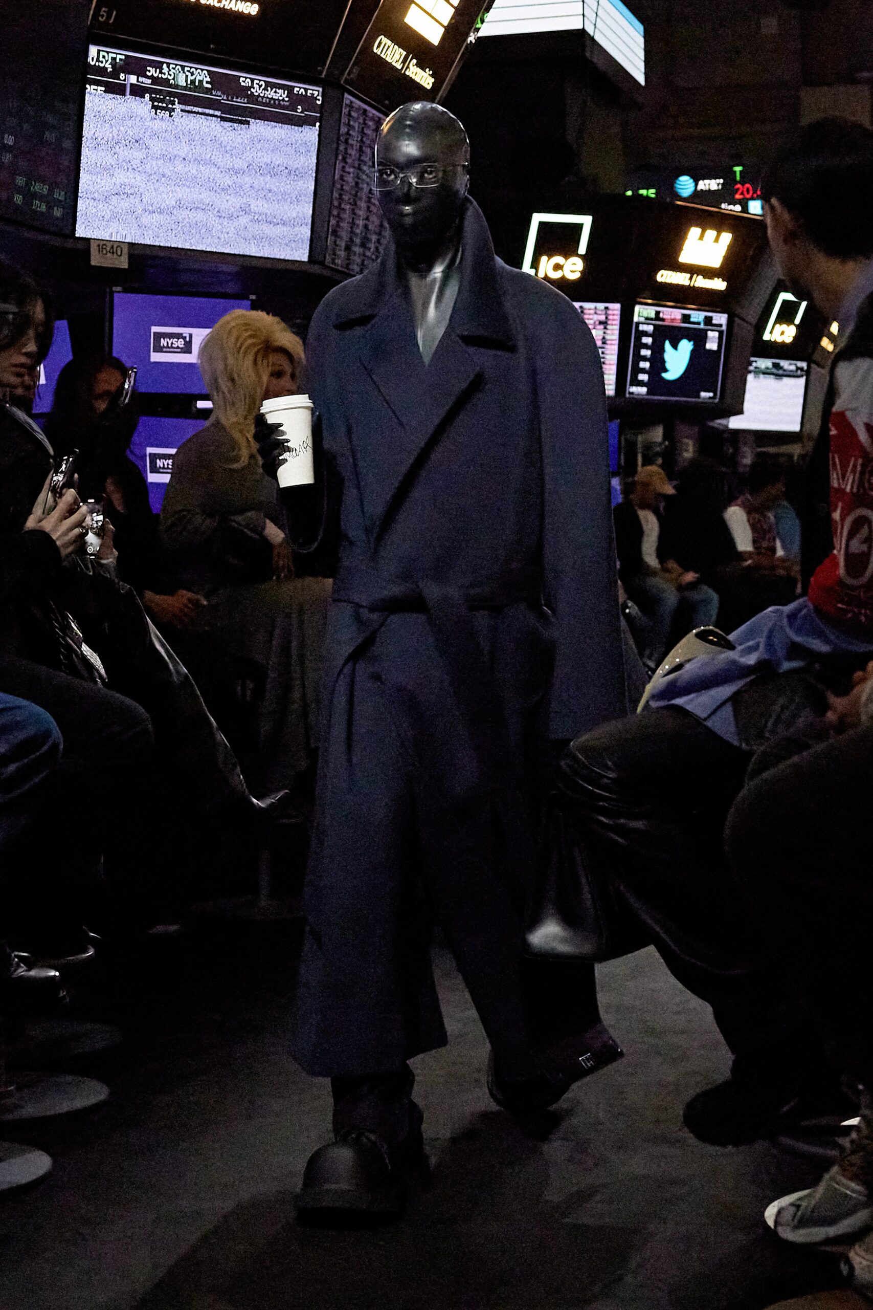 blue wool long-sleeve collared oversized draped coat