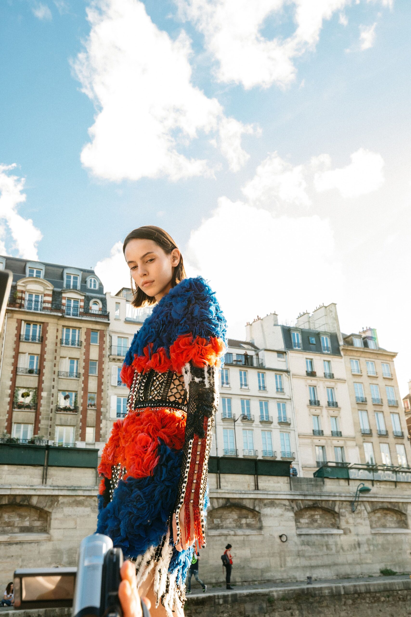 blue and red ruffled dress