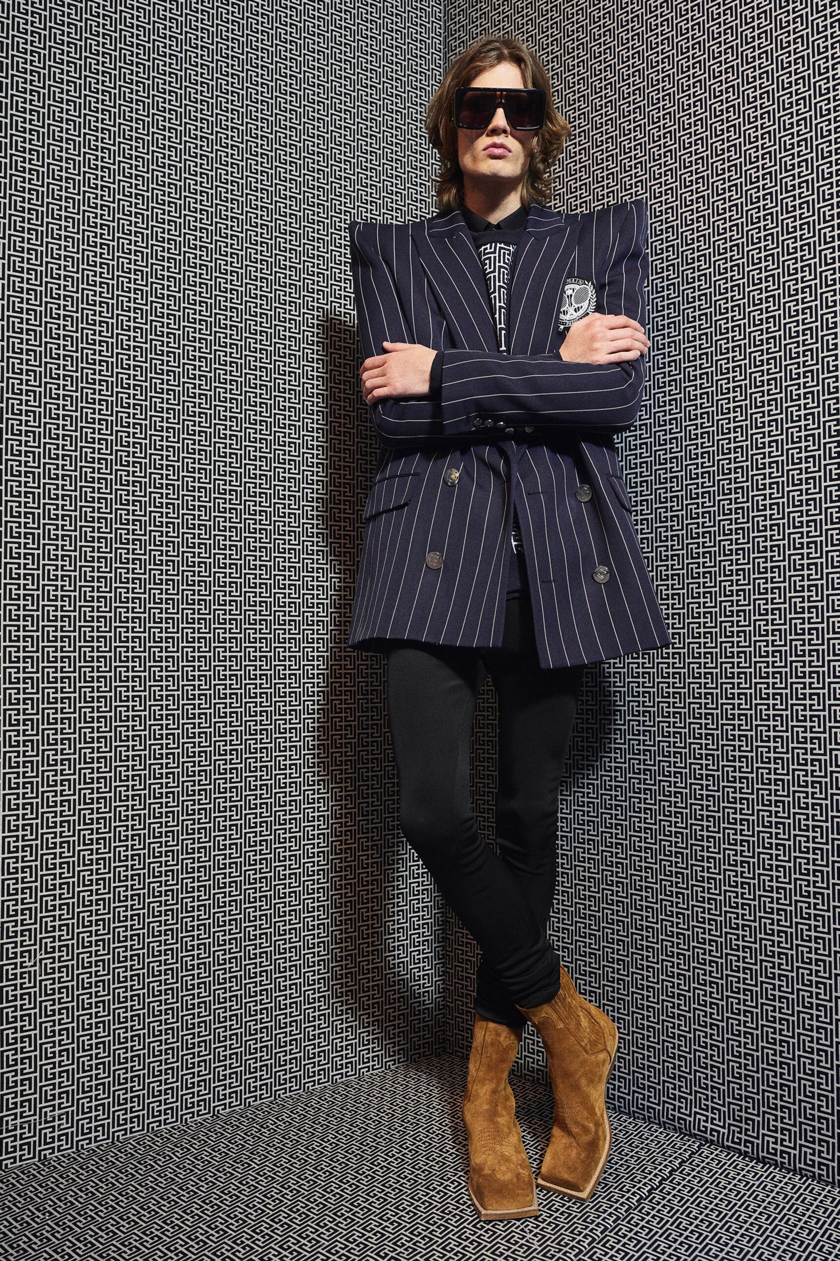 navy striped tailored blazer