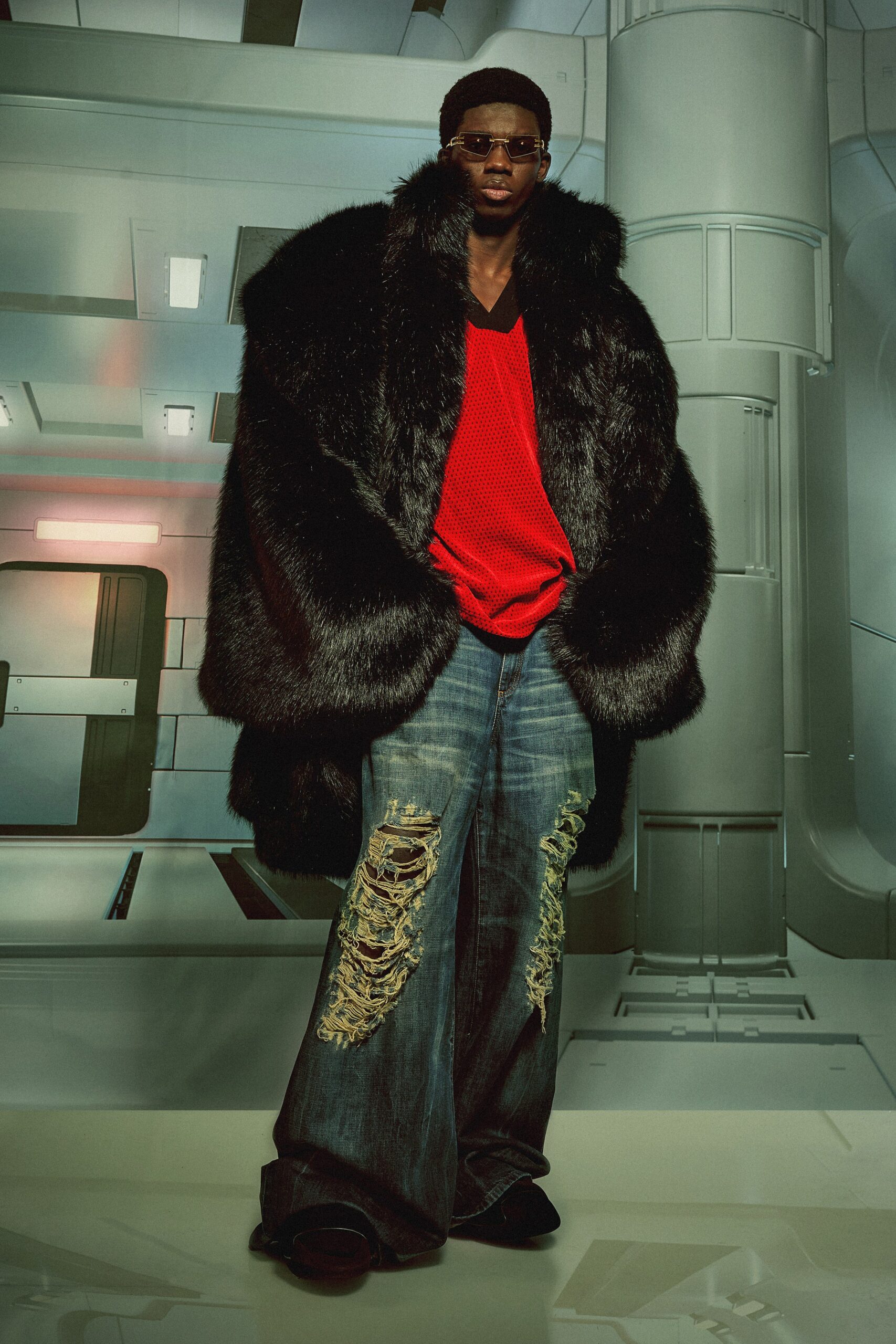 black faux-fur coat with red top
