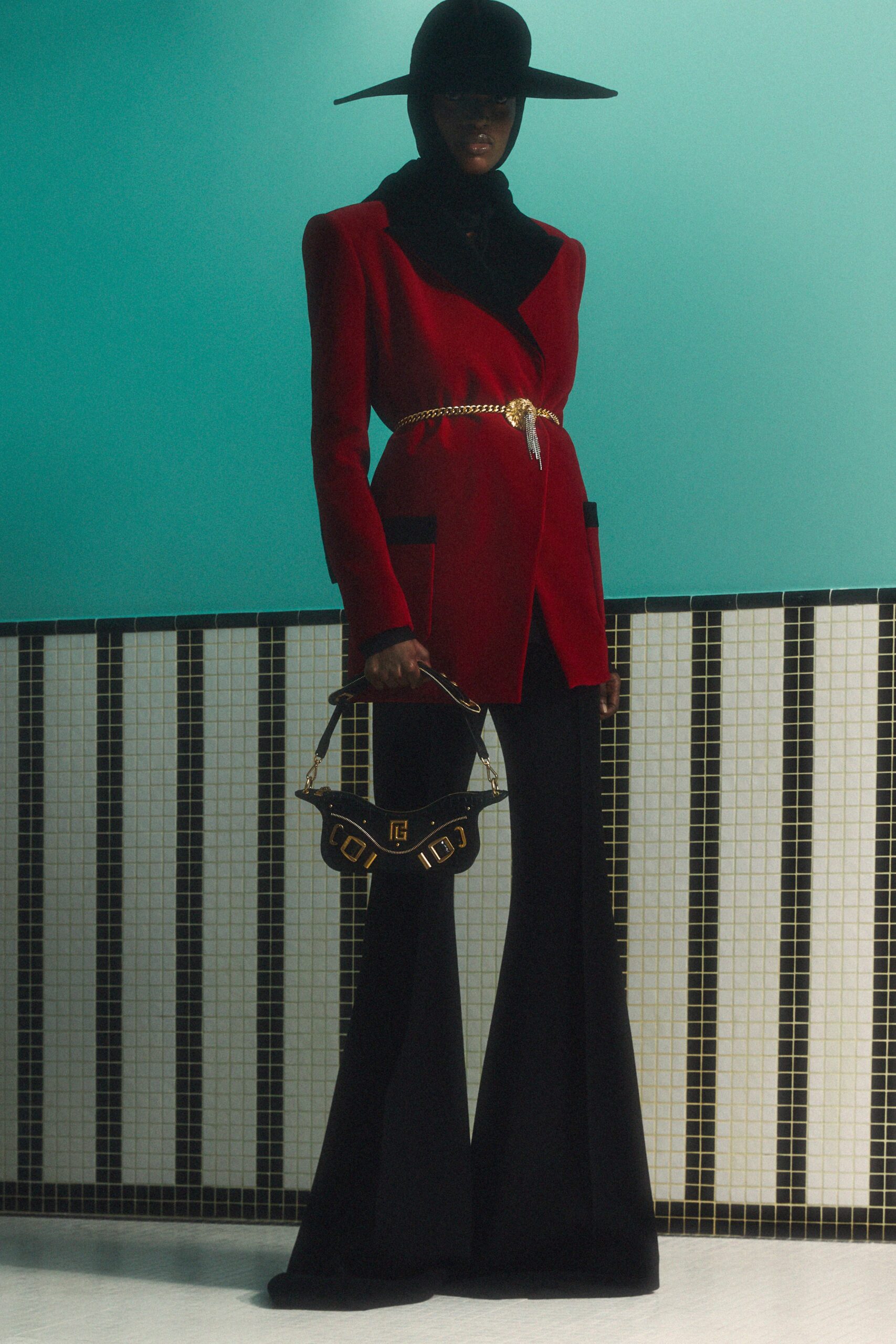 red wool long-sleeve collared tailored buttoned flared blazer