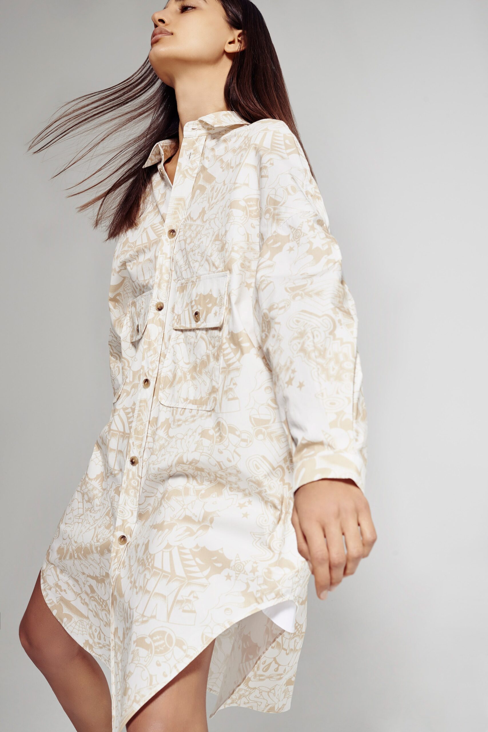 white and beige printed shirt-dress