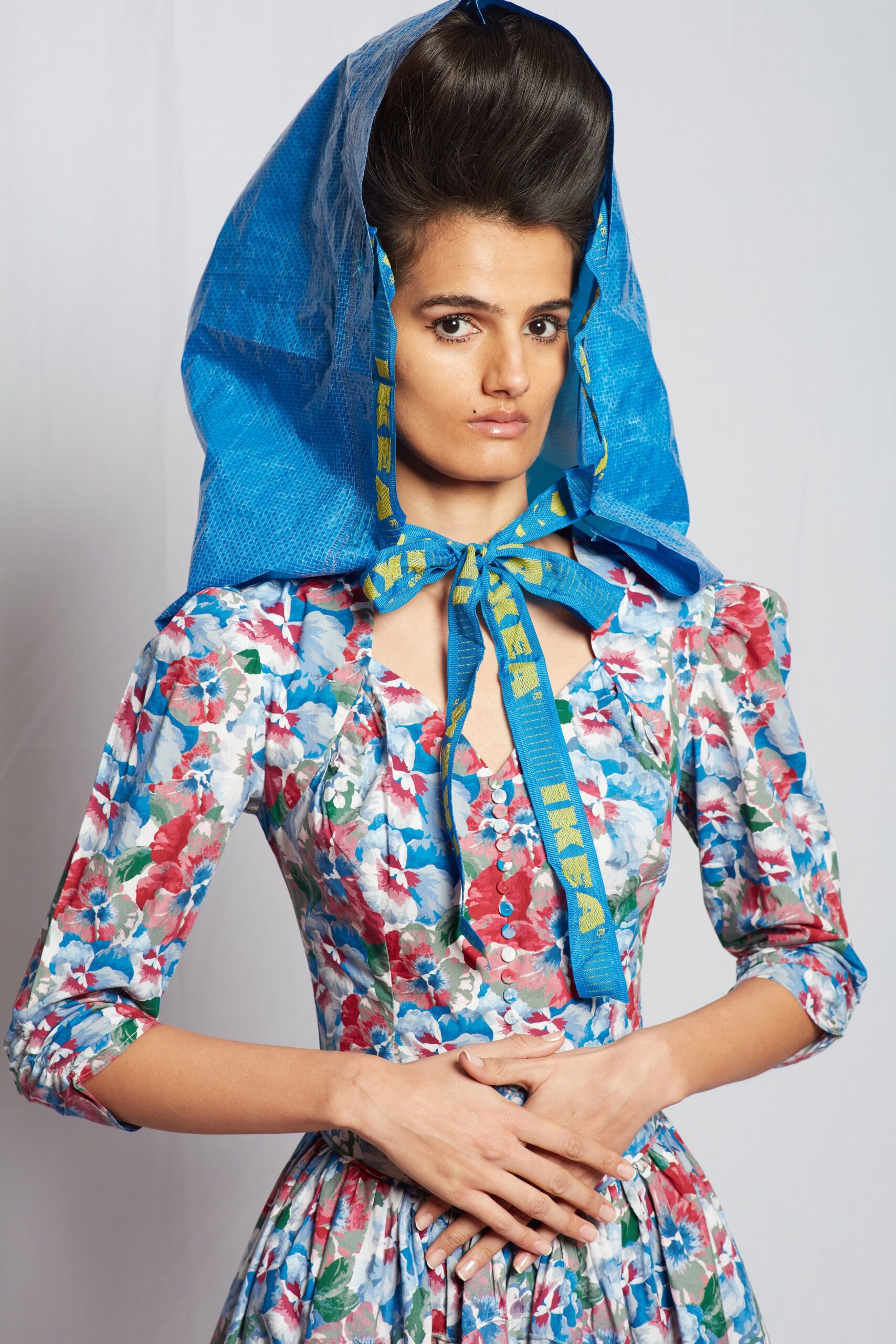 floral midi dress with blue hat