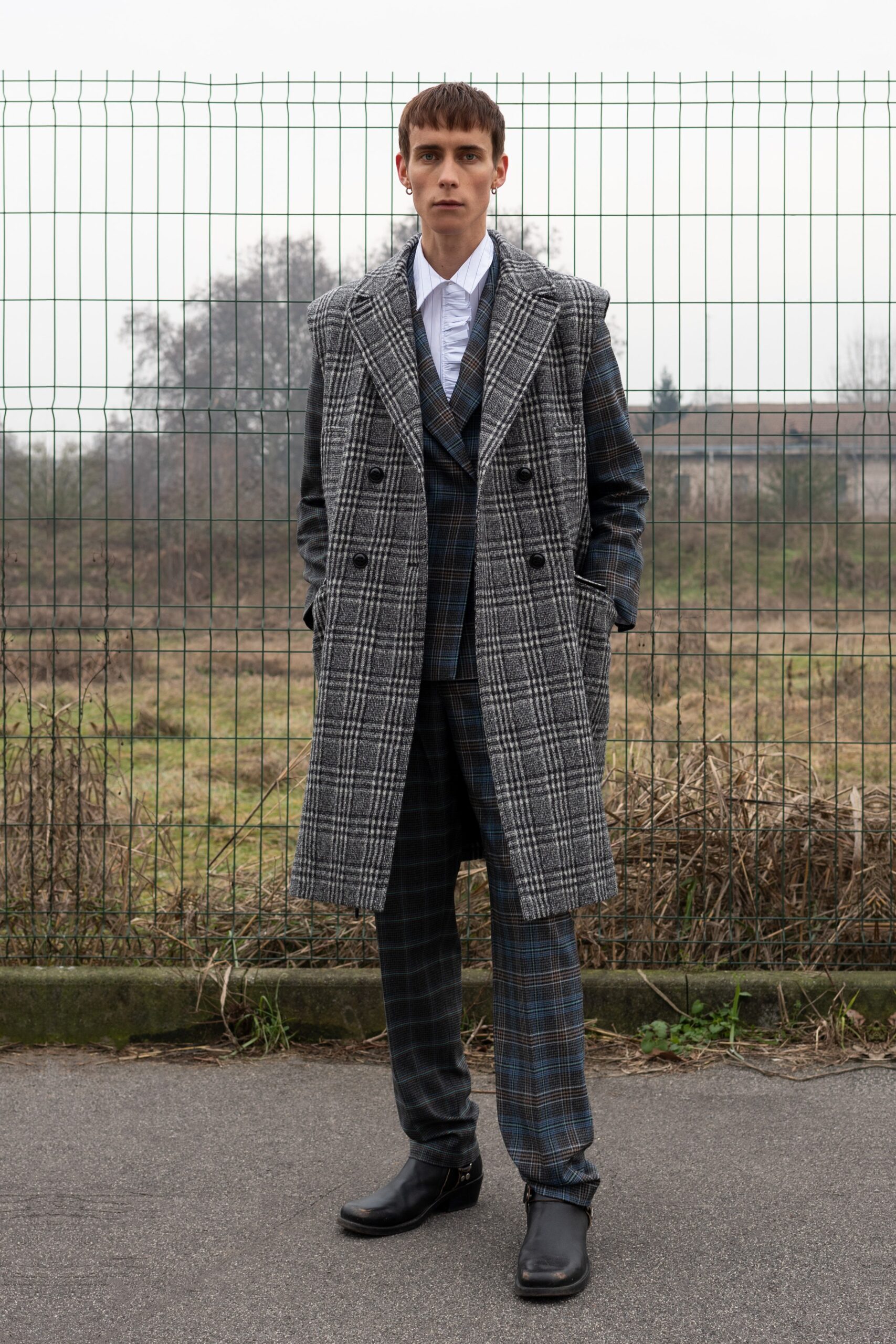 gray plaid tailored coat and suit