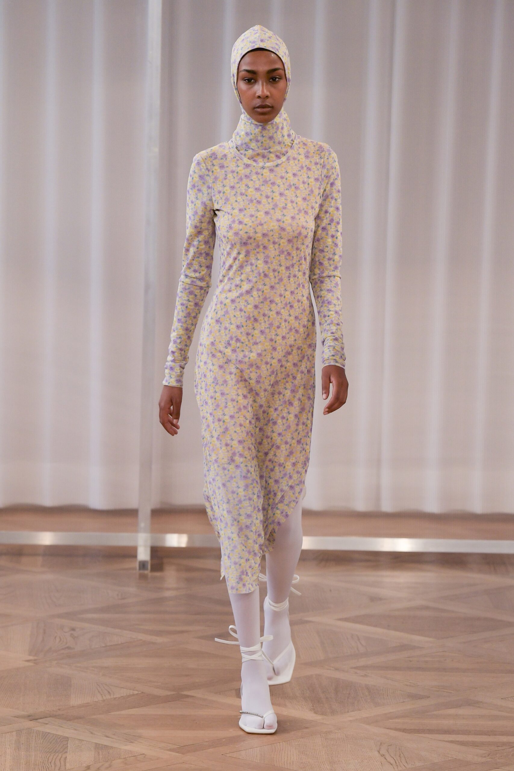floral midi dress with white shoes