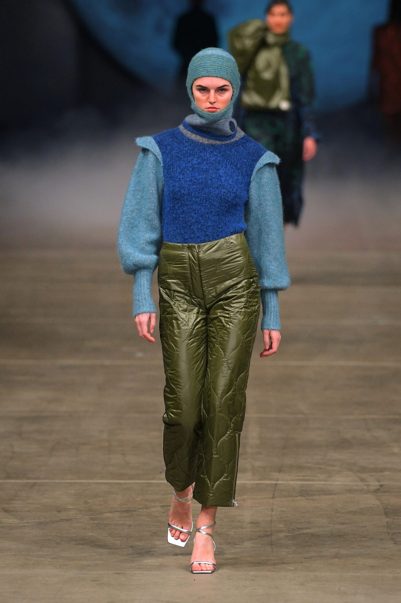 blue wool long-sleeve high-neck fitted layered top