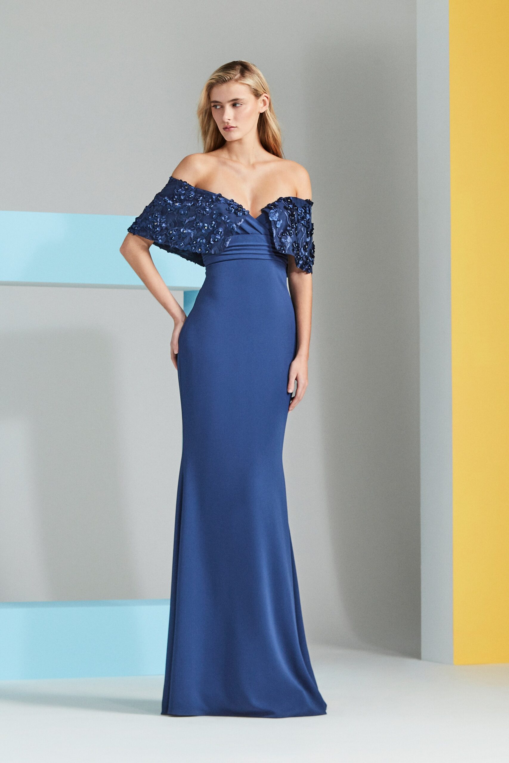 blue silk off-shoulder gown