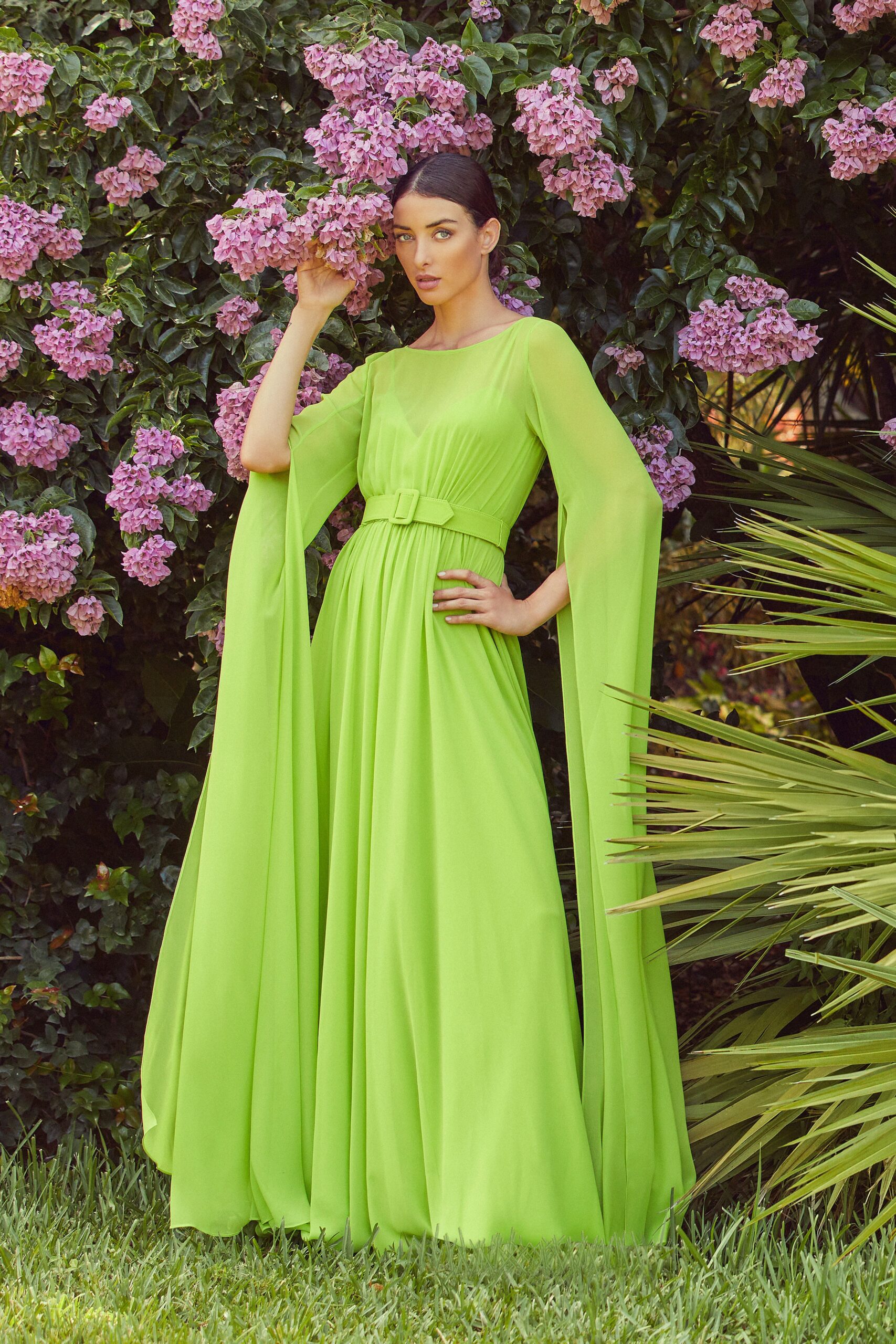 green chiffon belted gown