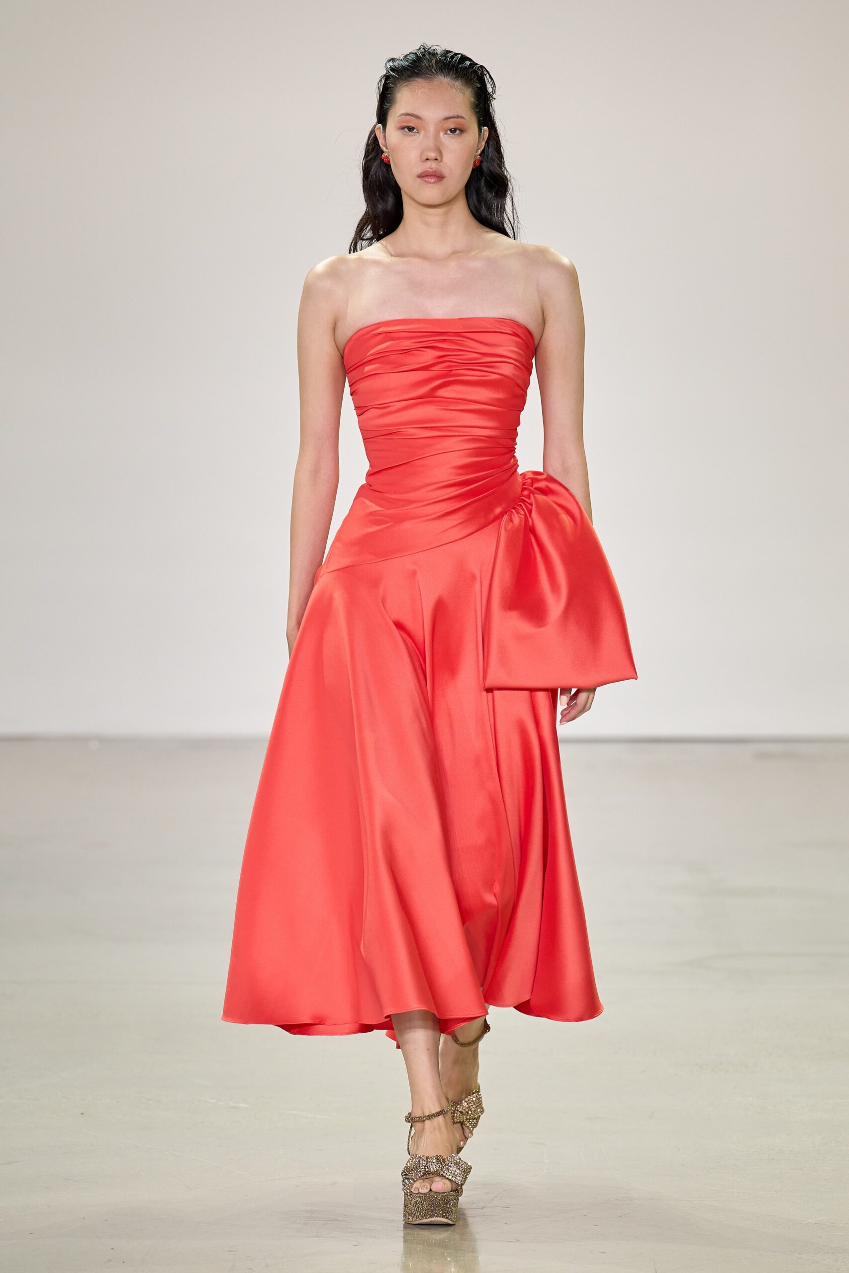 red satin strapless midi dress