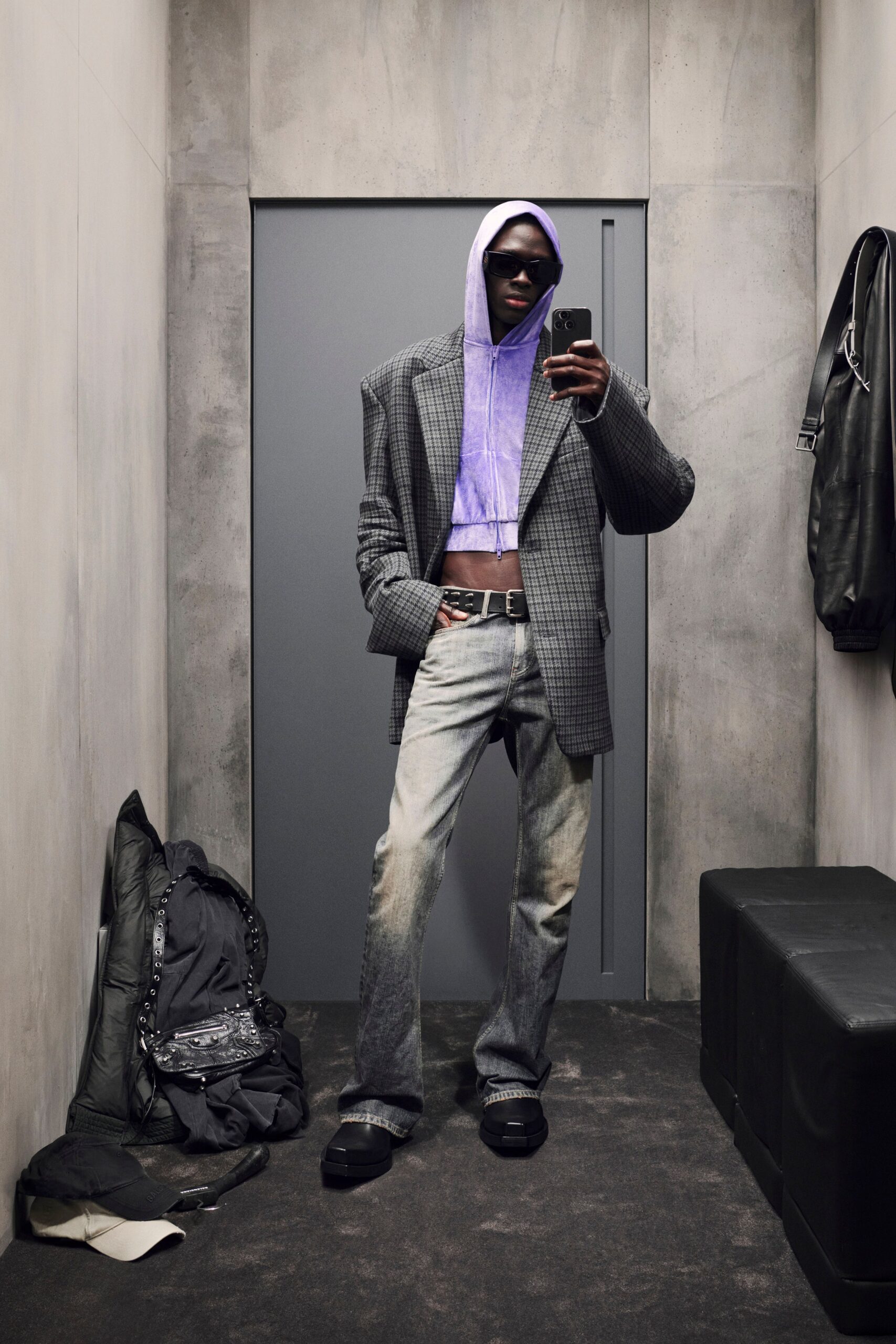oversized gray blazer with purple hoodie